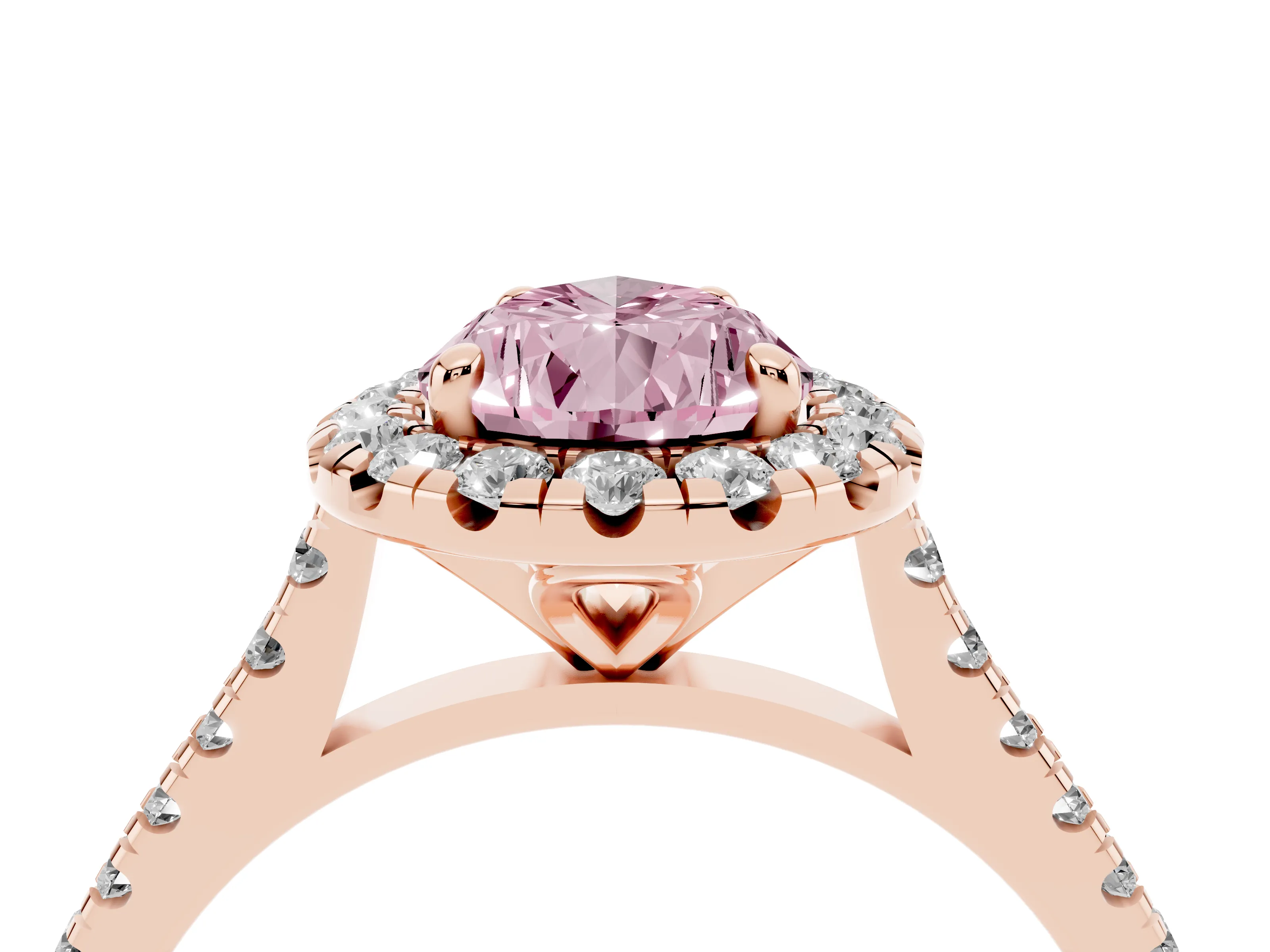 Fancy Pink Pear Cut Diamond Cushion Halo Ring Set in Rose gold with Pavé Band
