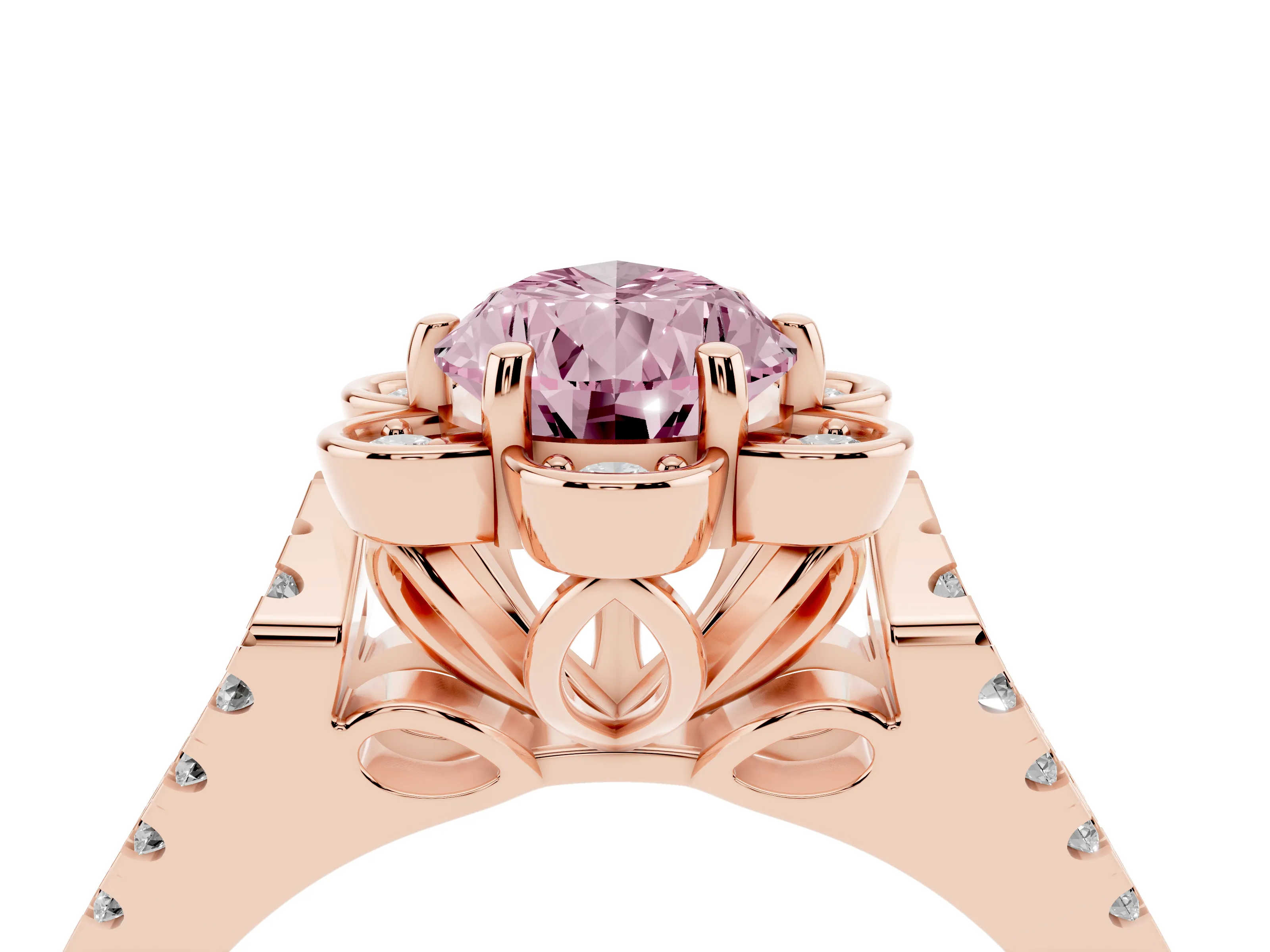 Fancy Pink Pear Cut Diamond Floral Halo Split Shank Engagement Ring Set in Rose gold with Pavé Shank