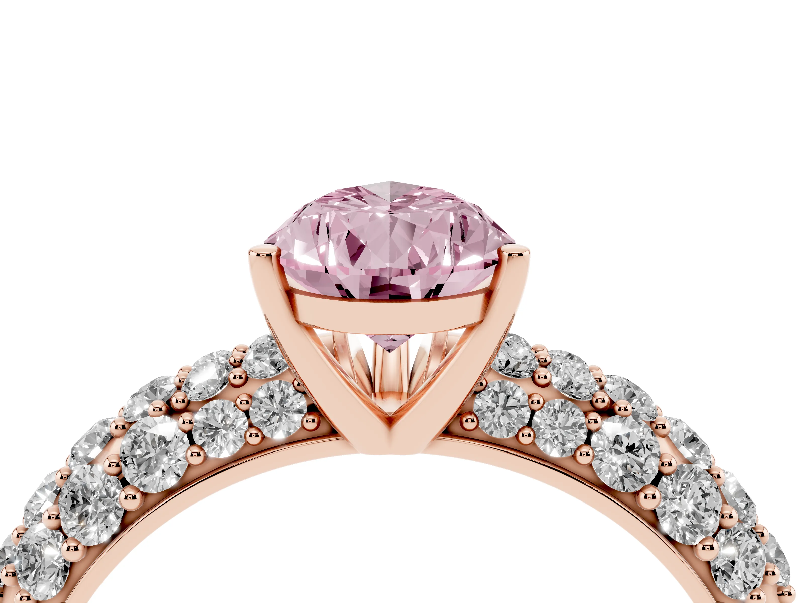 Fancy Pink Pear Cut Diamond Pavé Band Solitaire Ring Set in Rose gold with Close-Set Accent Stones and Prong Setting