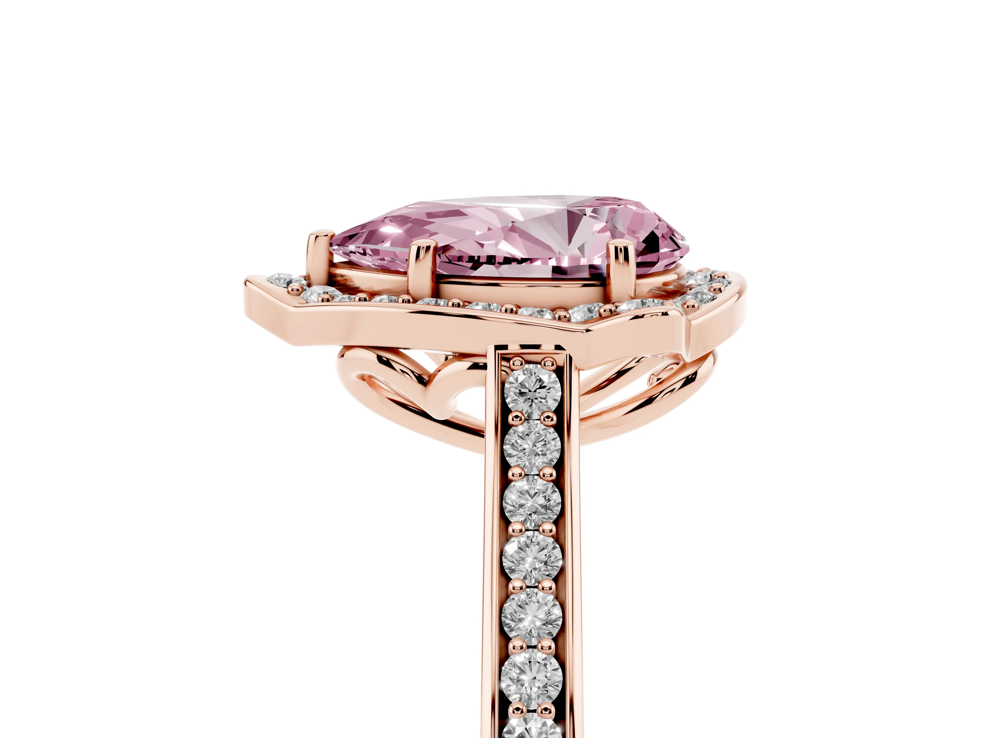 Fancy Pink Pear Cut Diamond Halo Ring Set in Rose gold with Pavé-Lined Shoulders and Prong Setting
