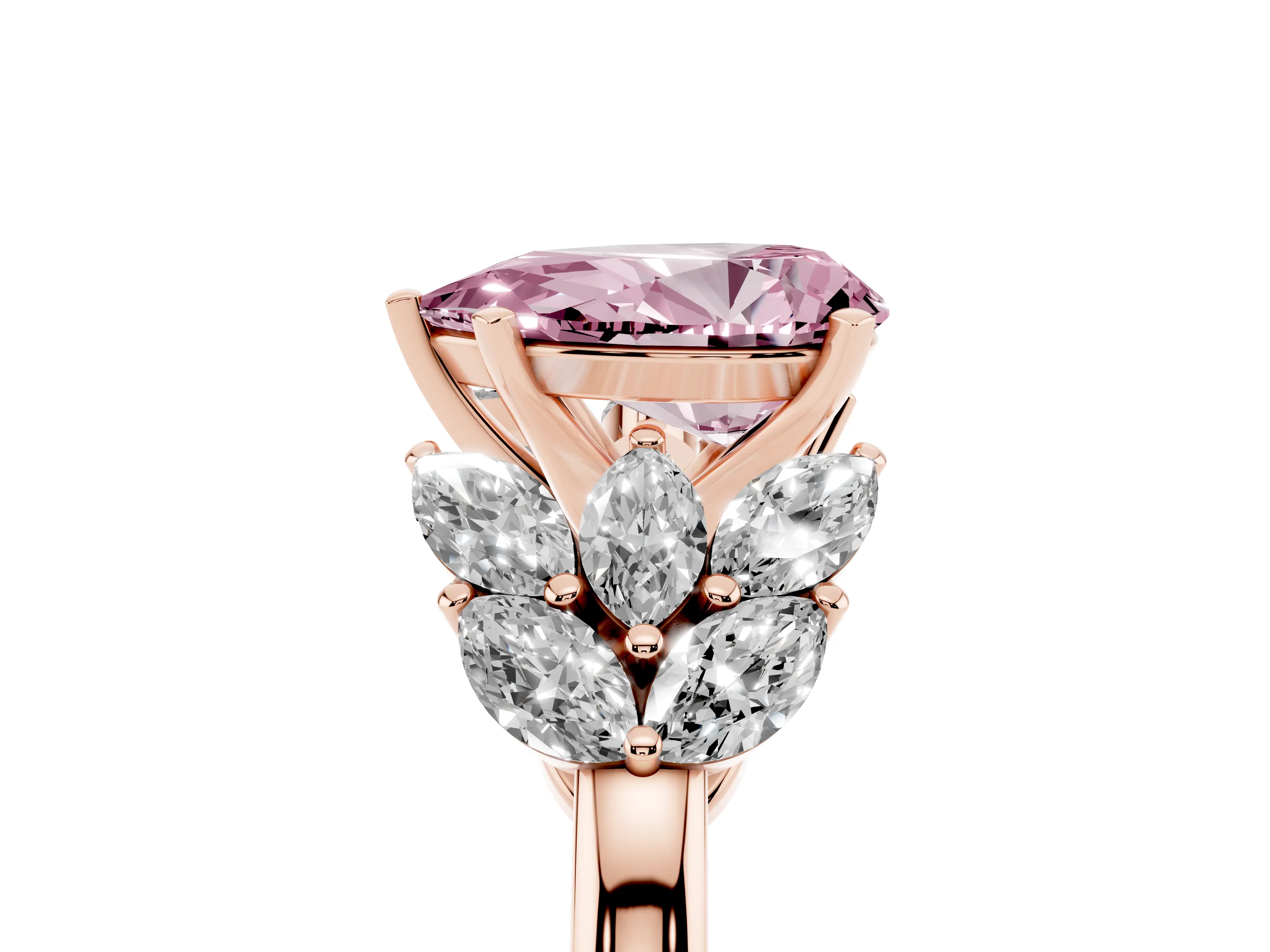 Fancy Pink Pear Cut Diamond Cluster Leaf Design Ring Set in Rose gold with Prong Setting