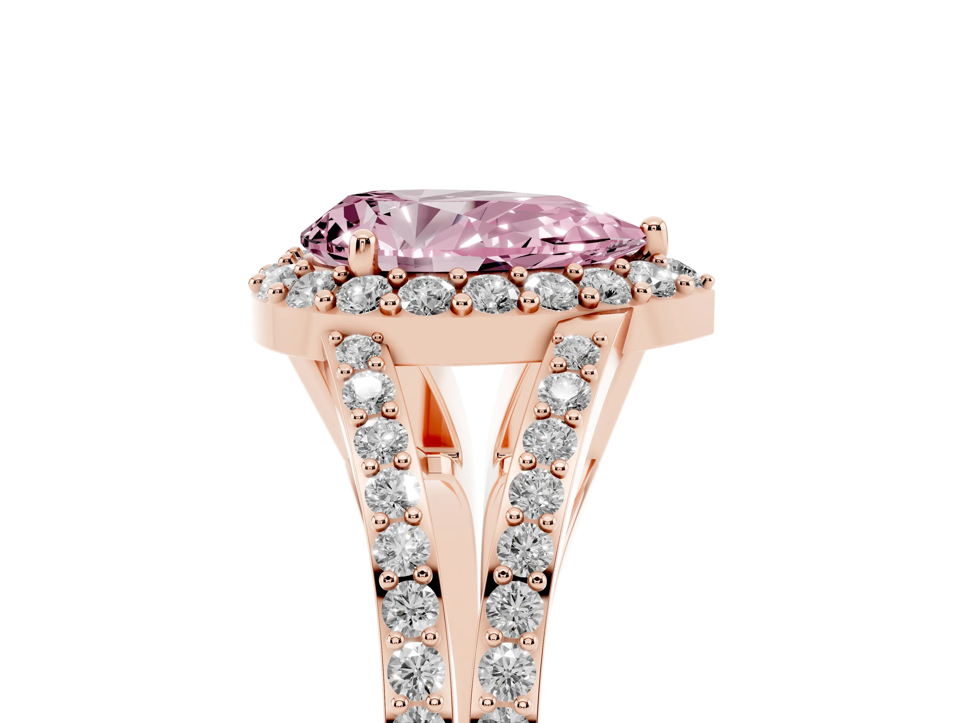 Fancy Pink Pear Cut Diamond Halo Split Shank Pavé Ring Set in Rose gold with Prong Setting