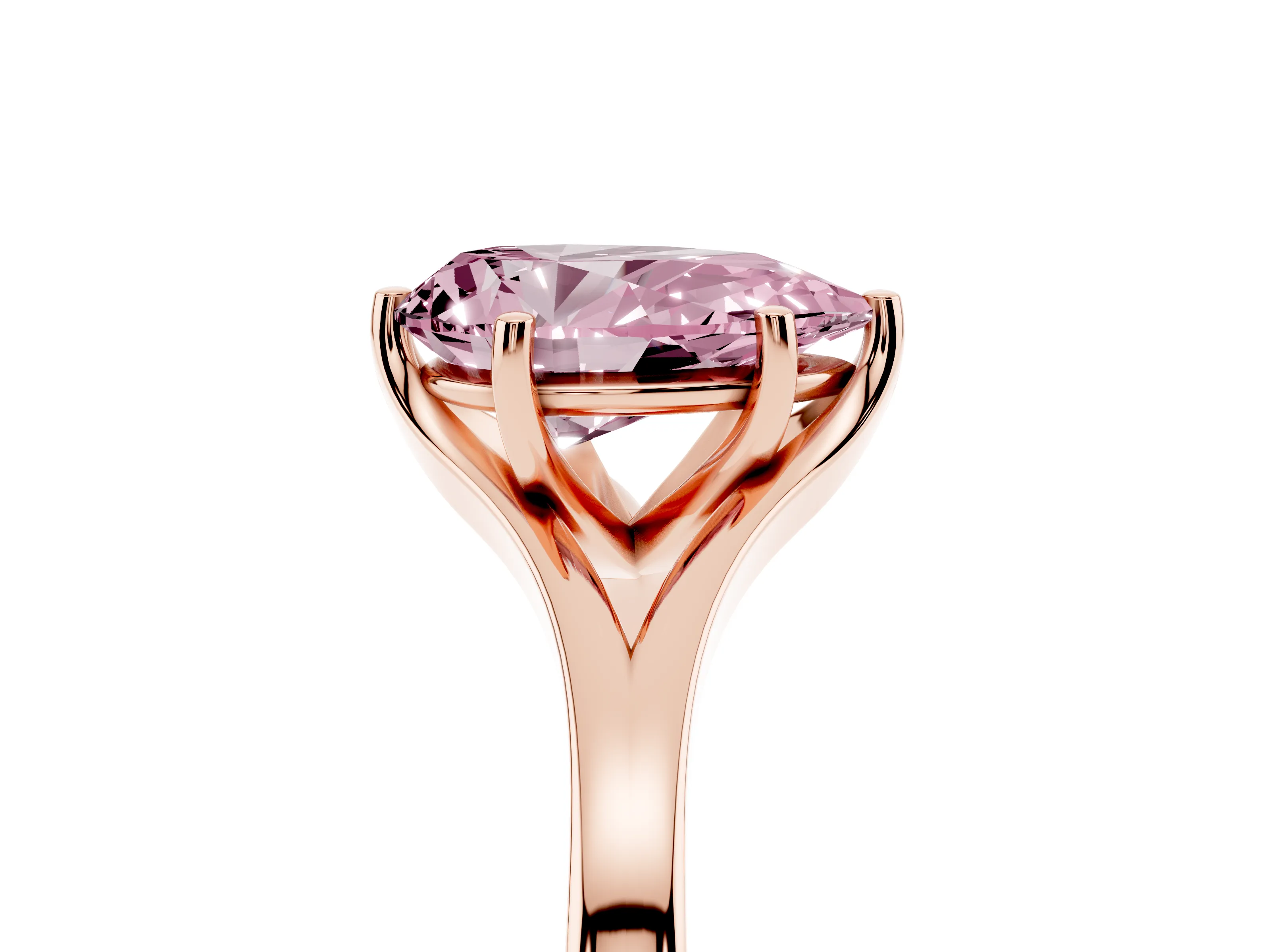 Fancy Pink Pear Cut Diamond Solitaire Ring Set in Rose gold with Polished Tapered Band and Prong Setting