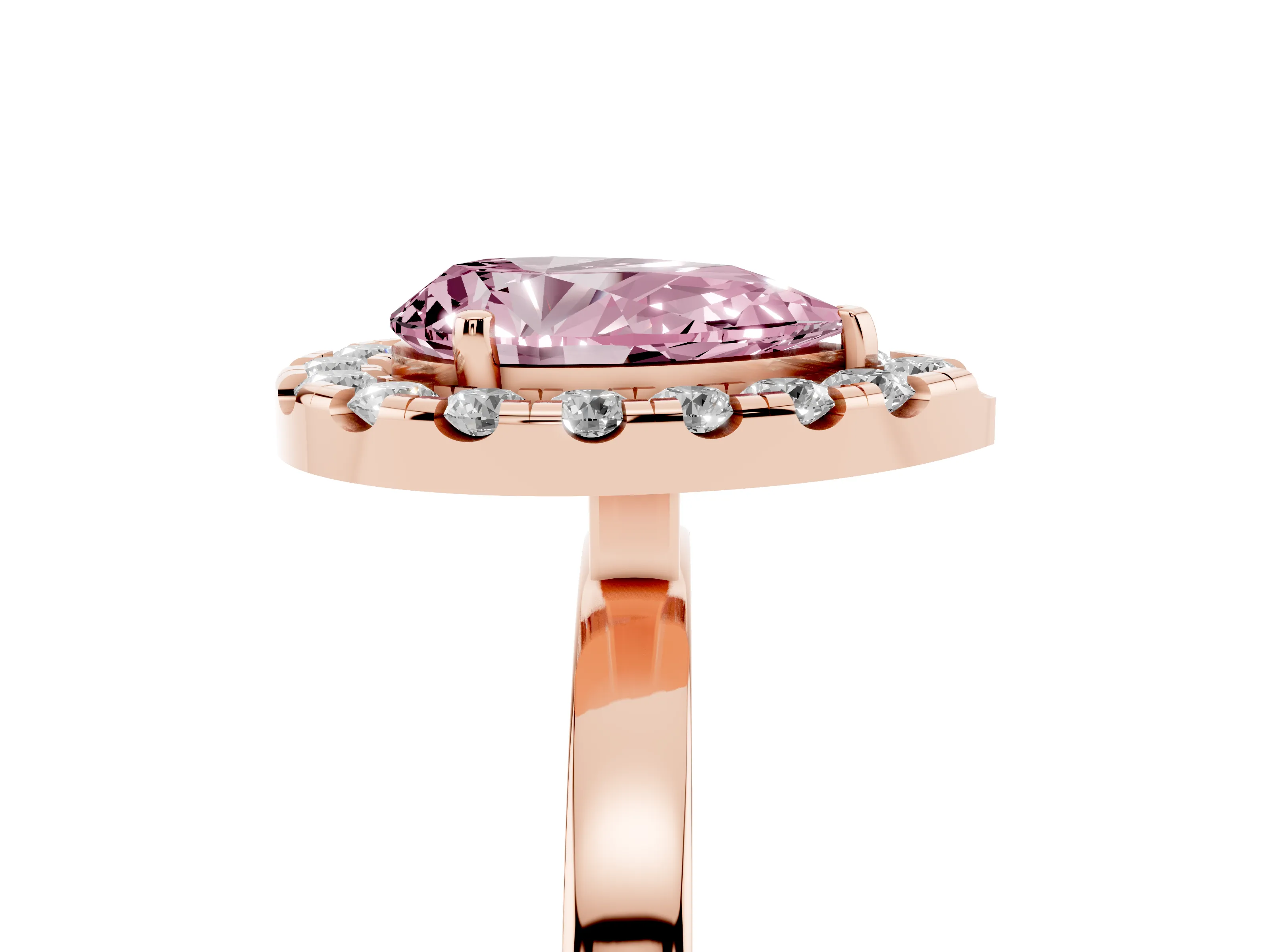 Fancy Pink Pear Cut Diamond Halo Solitaire Ring Set in Rose gold with Pavé Band and Prong Setting