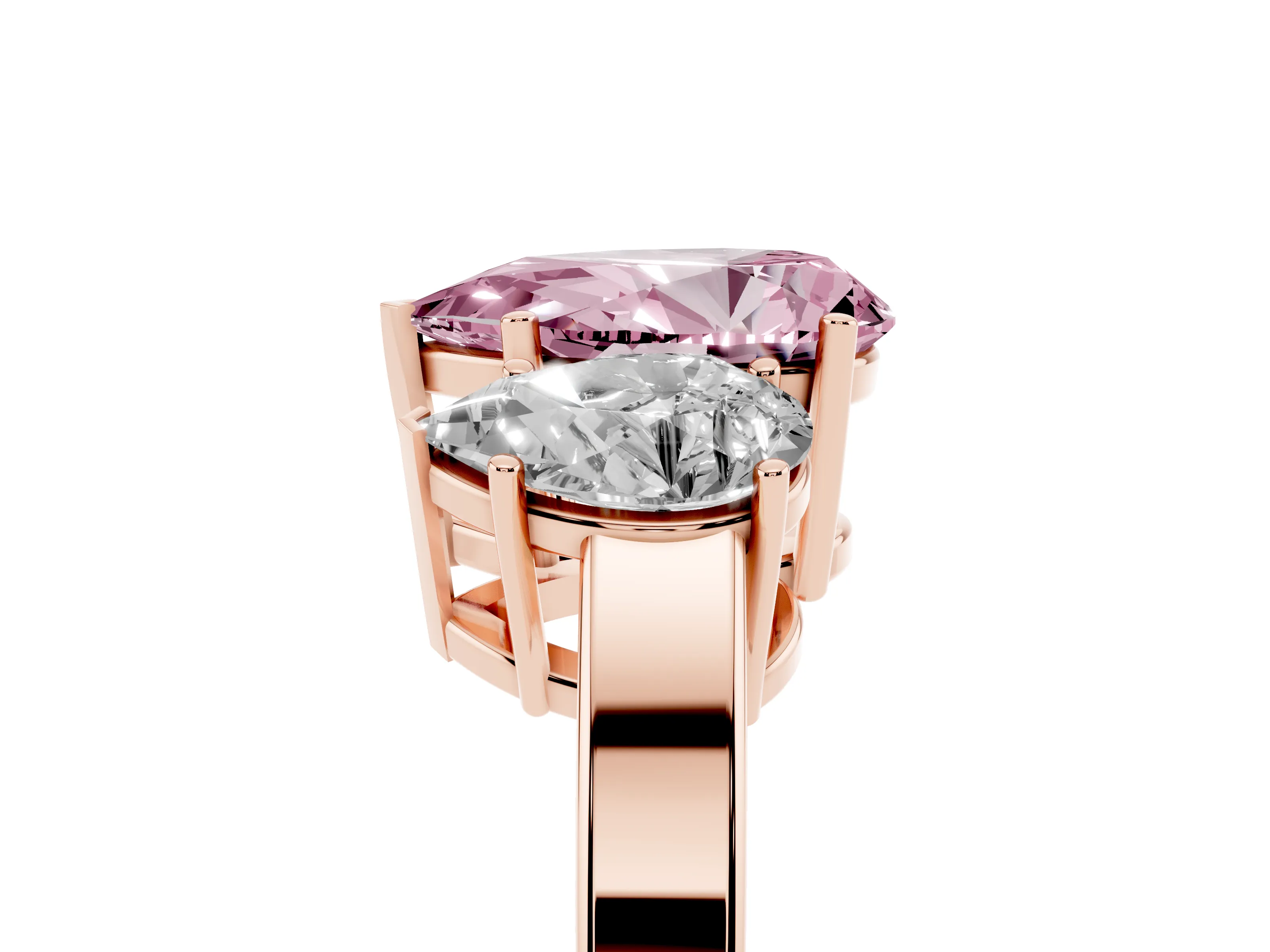 Fancy Pink Pear Cut Diamond Three-Stone Engagement Ring Set in Rose gold with Flat Band