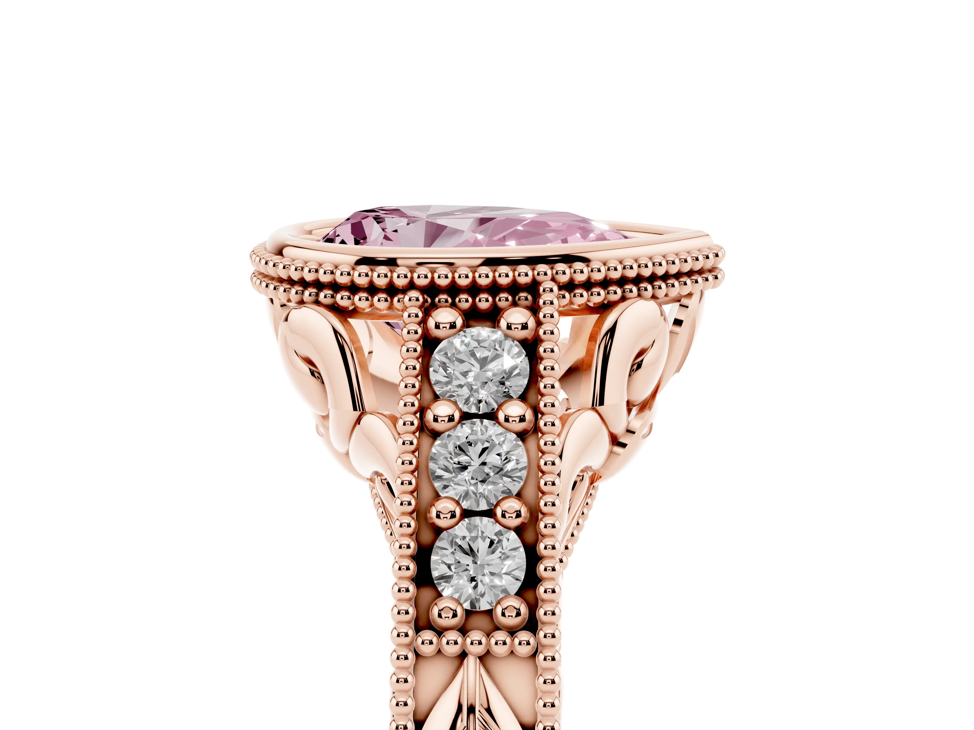 Fancy Pink Bezel Set Pear Cut Diamond Milgrain Pavé Engagement Ring Set in Rose gold