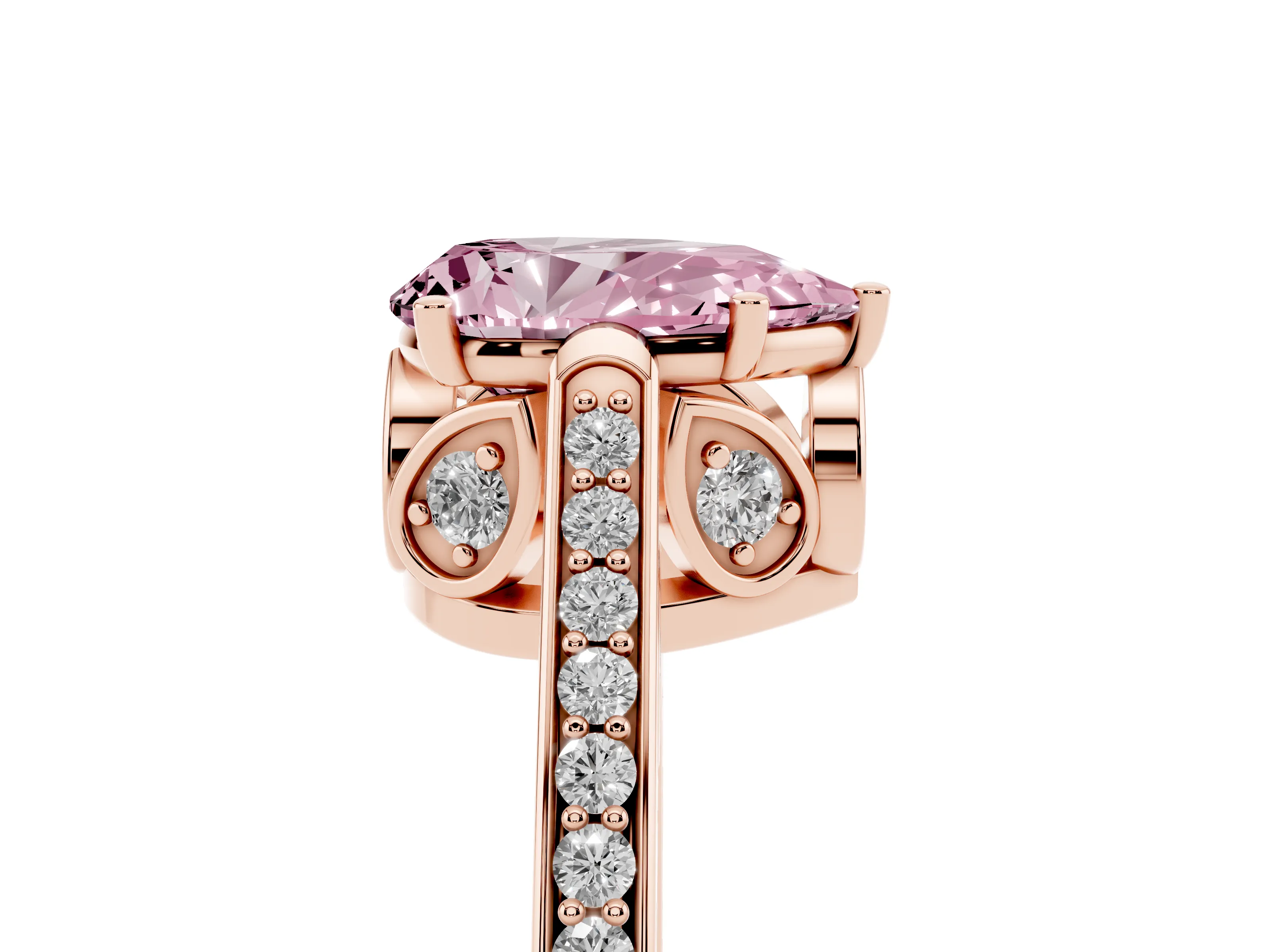 Fancy Pink Pear Cut Diamond Cathedral Pavé Engagement Ring Set in Rose gold with Prong Setting