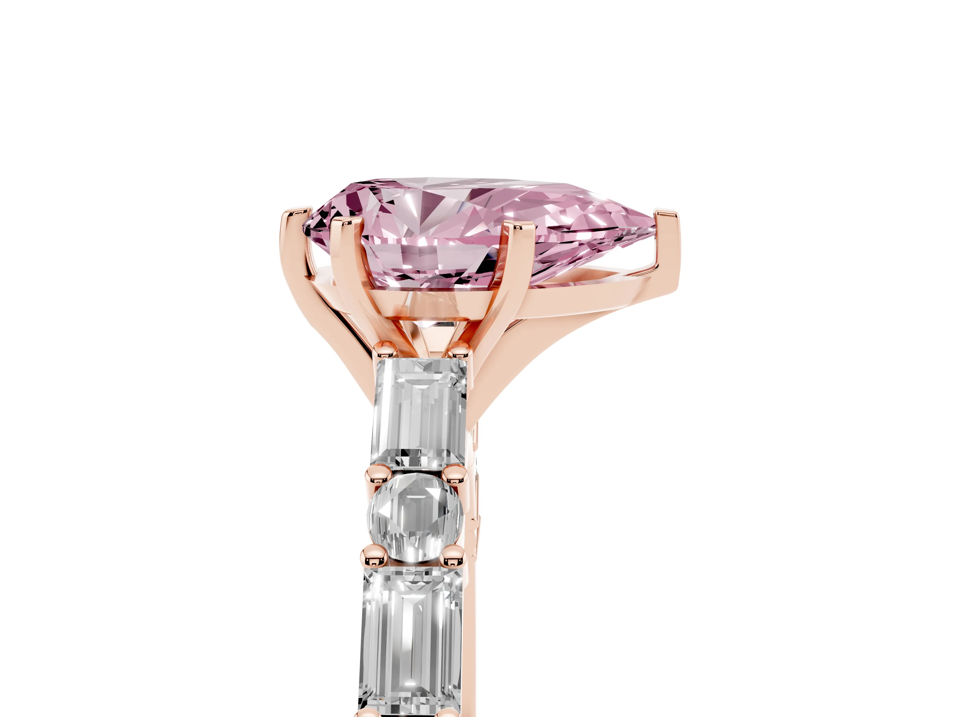 Fancy Pink Pear Cut Diamond Solitaire Set in Rose gold with Side Baguettes and Channel Set Band