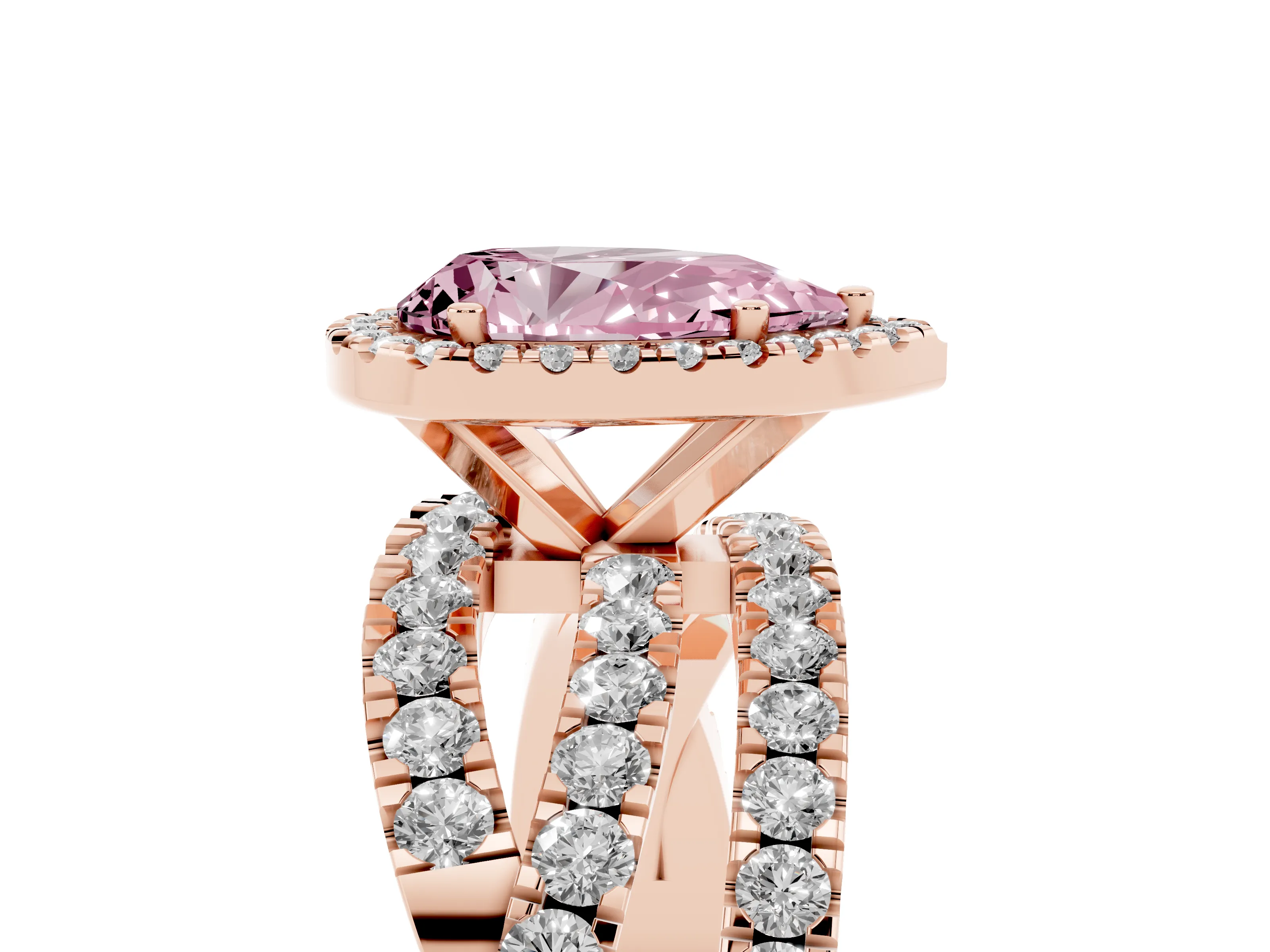 Fancy Pink Pear Cut Diamond Halo Ring Set in Rose gold with Round Crossover Split Shank and Prong Setting