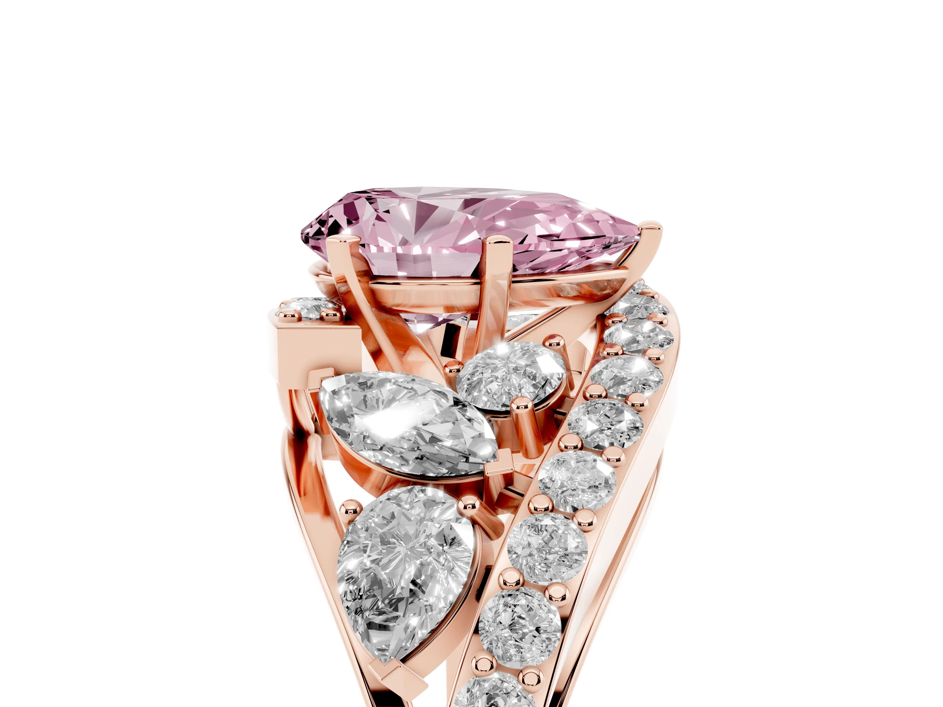 Fancy Pink Pear Cut Diamond Halo Ring Set in Rose gold with Marquise and Pavé Band in Prong Setting