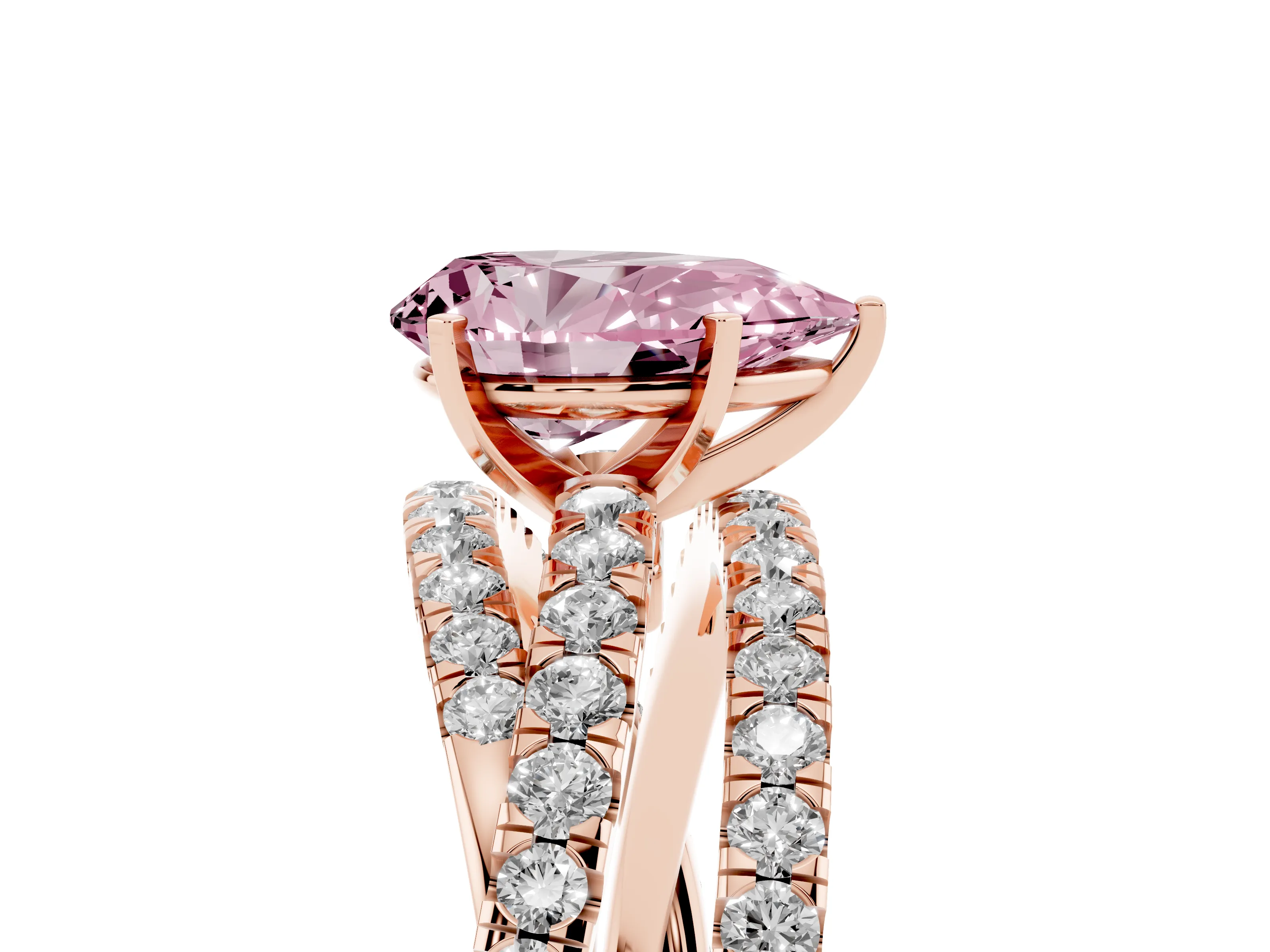 Fancy Pink Pear Cut Diamond Solitaire Twist Band Ring Set in Rose gold with Pavé Setting and Prong Head