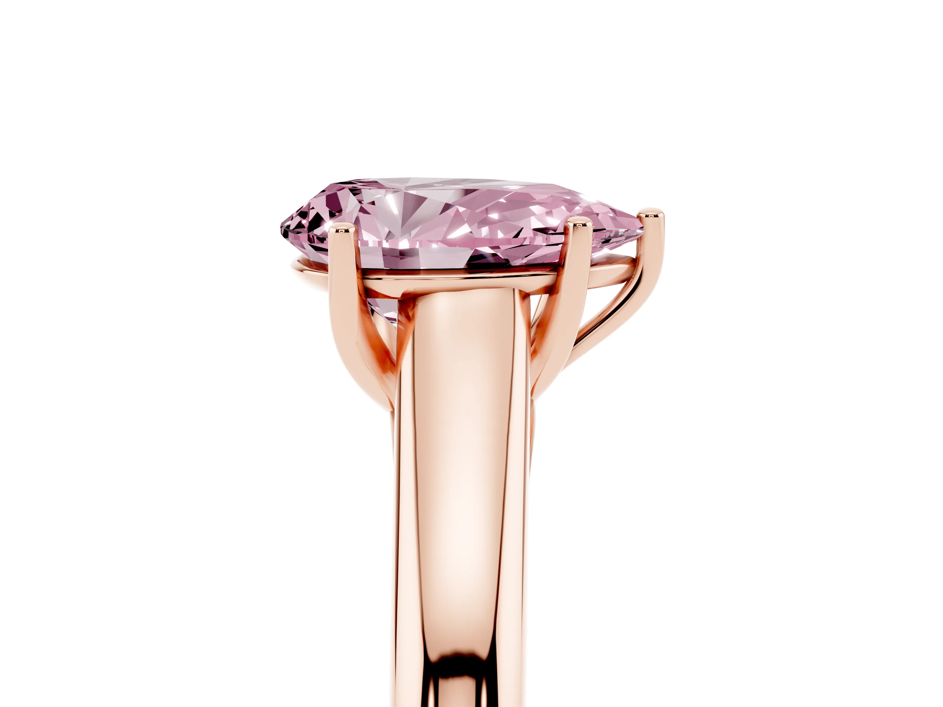 Fancy Pink Pear Cut Diamond Solitaire Engagement Ring Set in Rose gold with Subtly Tapered Band and Prong Setting