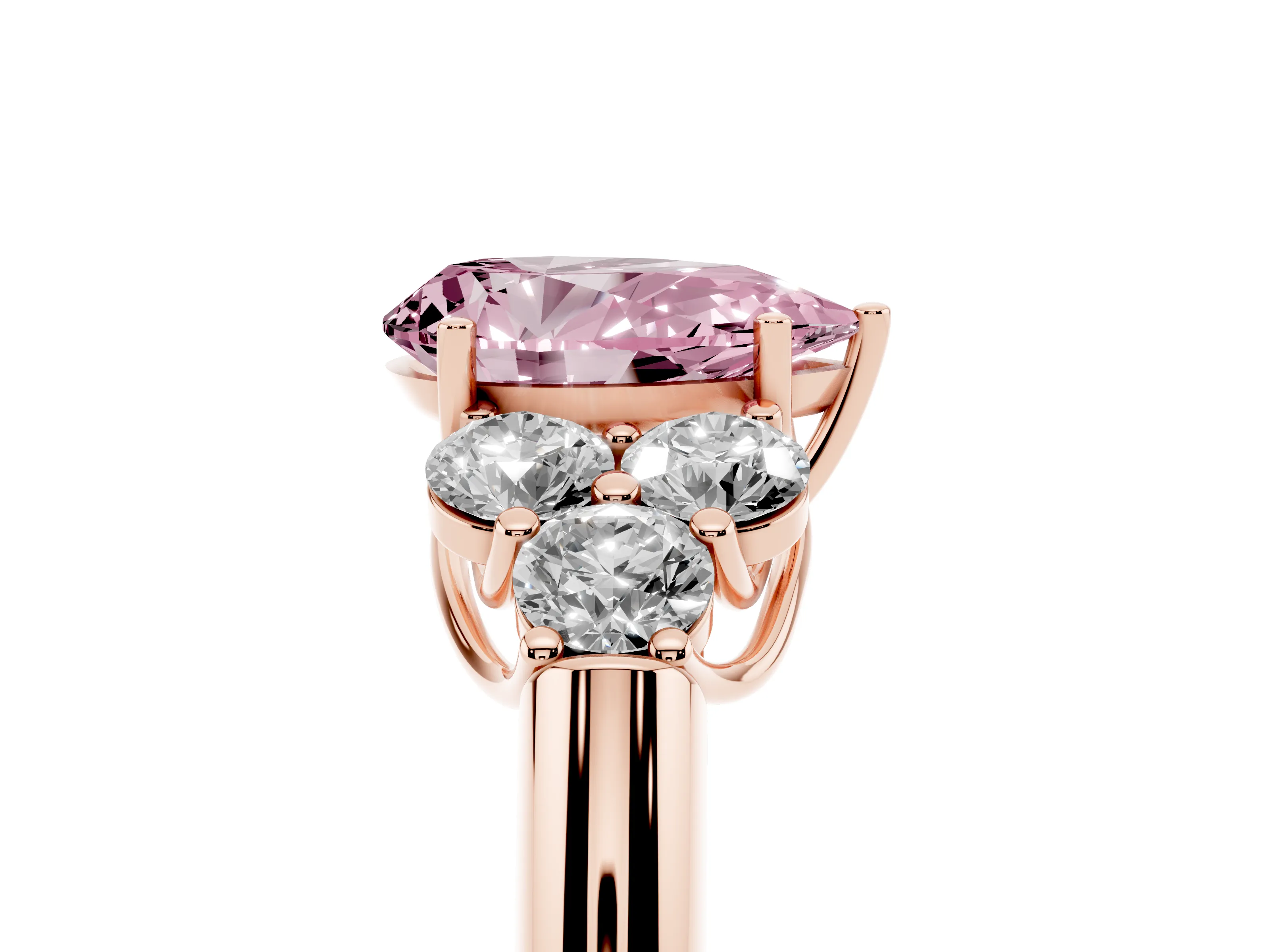 Fancy Pink Pear Cut Diamond Cluster Ring Set in Rose gold with Round Accent Stones and Prong Setting on a Plain Band
