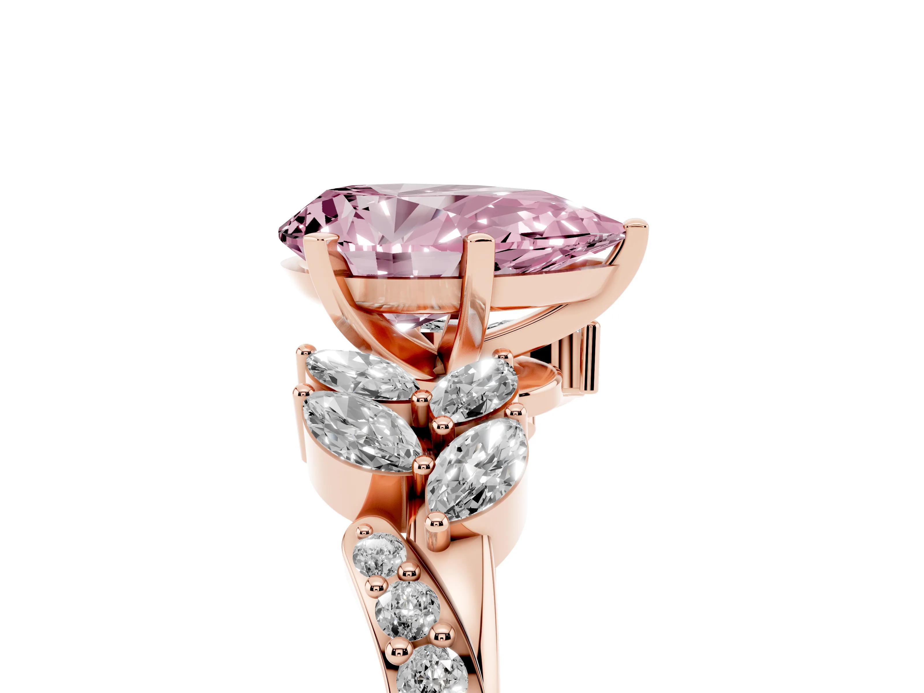 Fancy Pink Pear Cut Diamond Solitaire Ring Set in Rose gold with Marquise Twist Band and Prong Setting