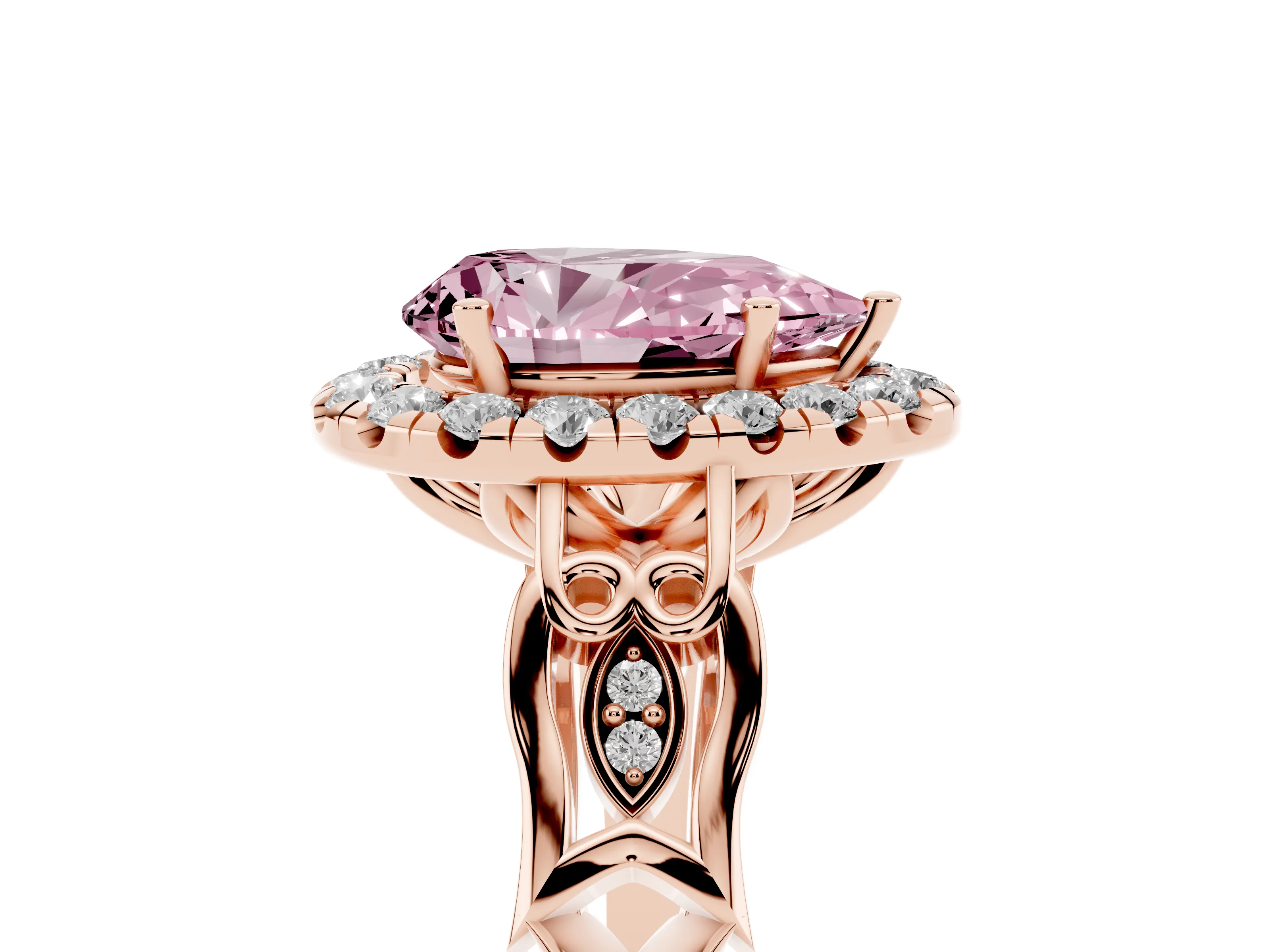 Fancy Pink Pear Cut Diamond Halo Engagement Ring Set in Rose gold with Filigree Band and Prong-Set Center