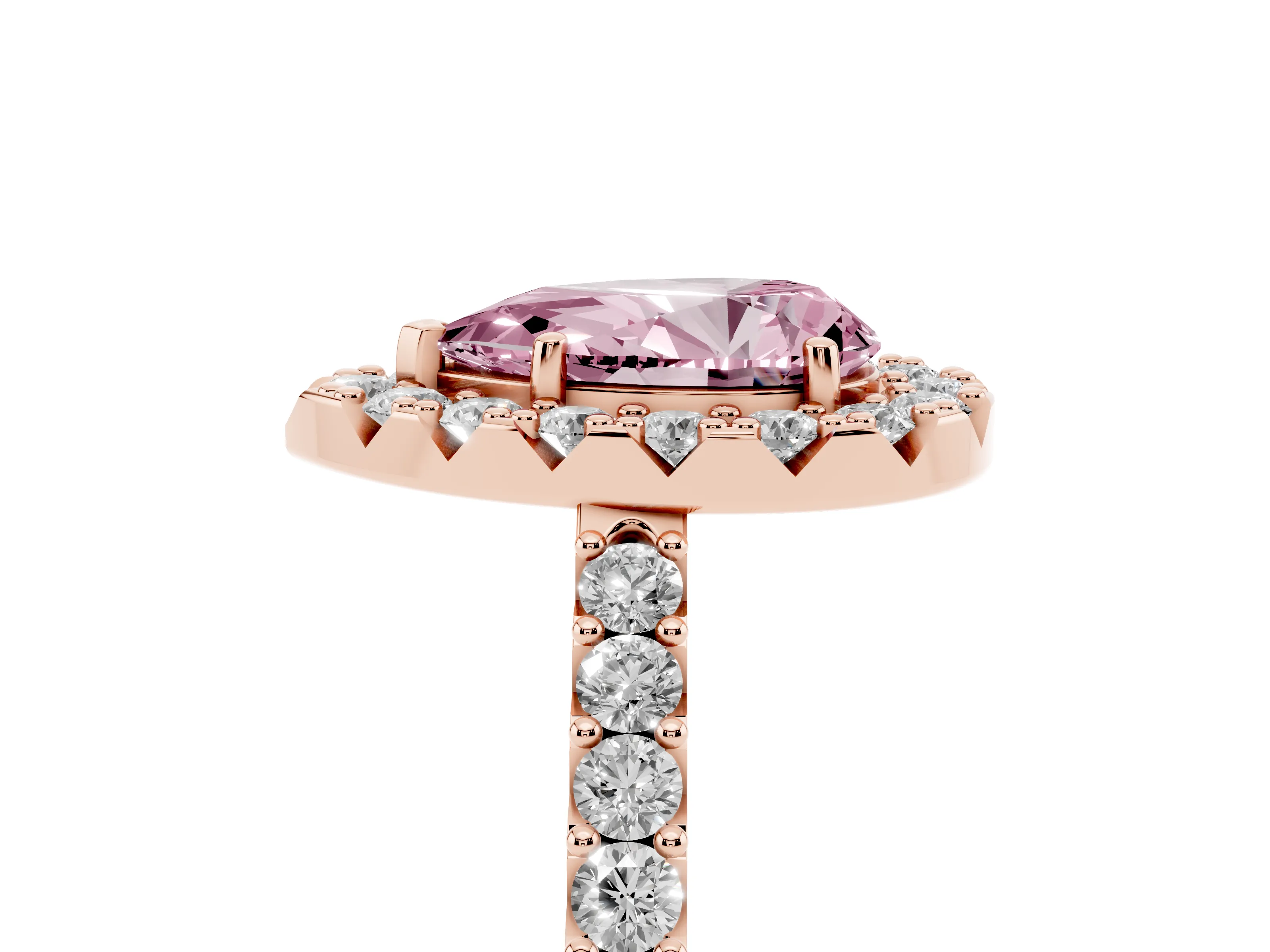Fancy Pink Pear Cut Diamond Halo Pavé Solitaire Ring Set in Rose gold with Prong-Set Center Stone