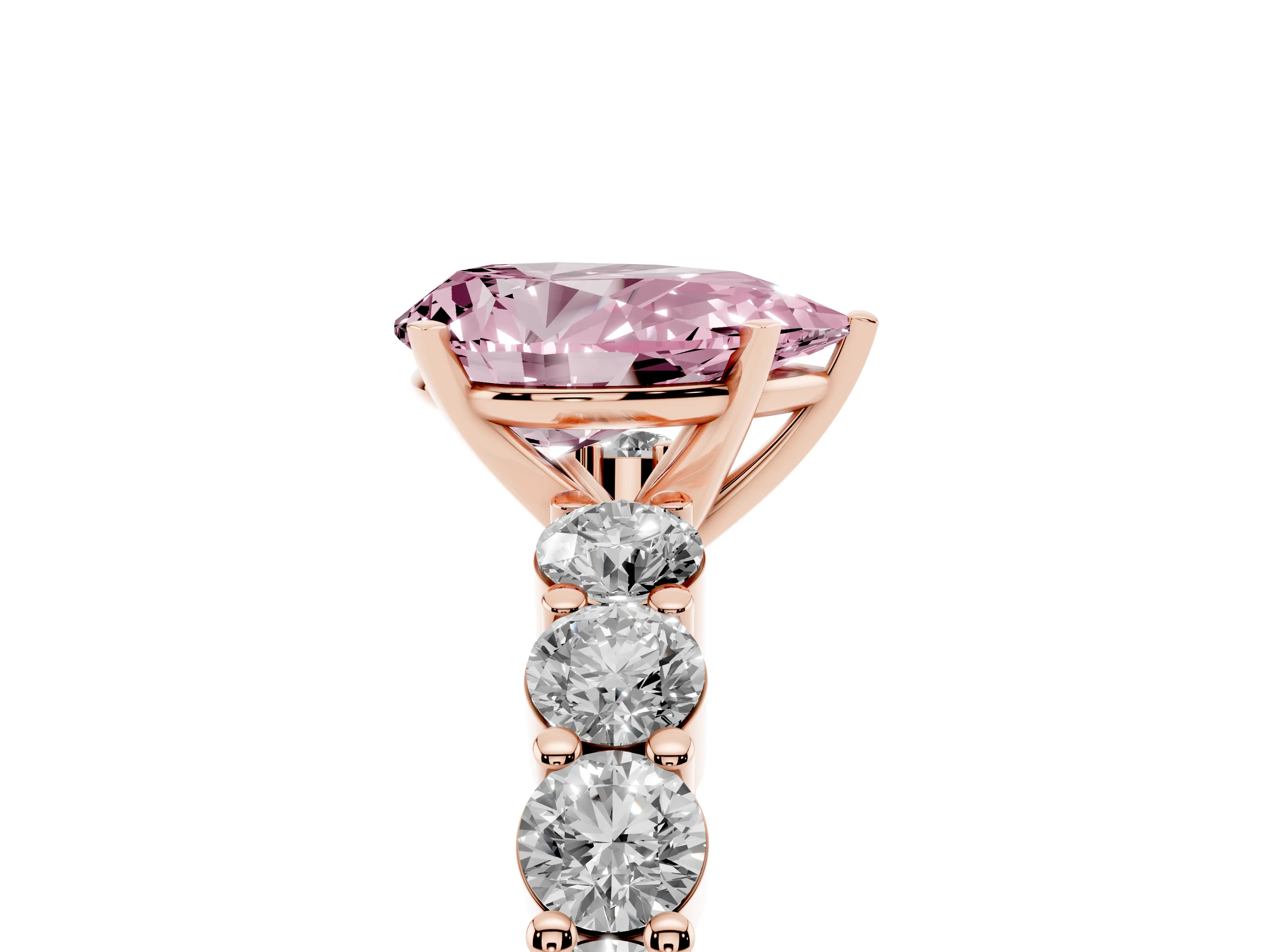 Fancy Pink Pear Cut Diamond Solitaire Ring Set in Rose gold with Shared Prong Round Side Stones