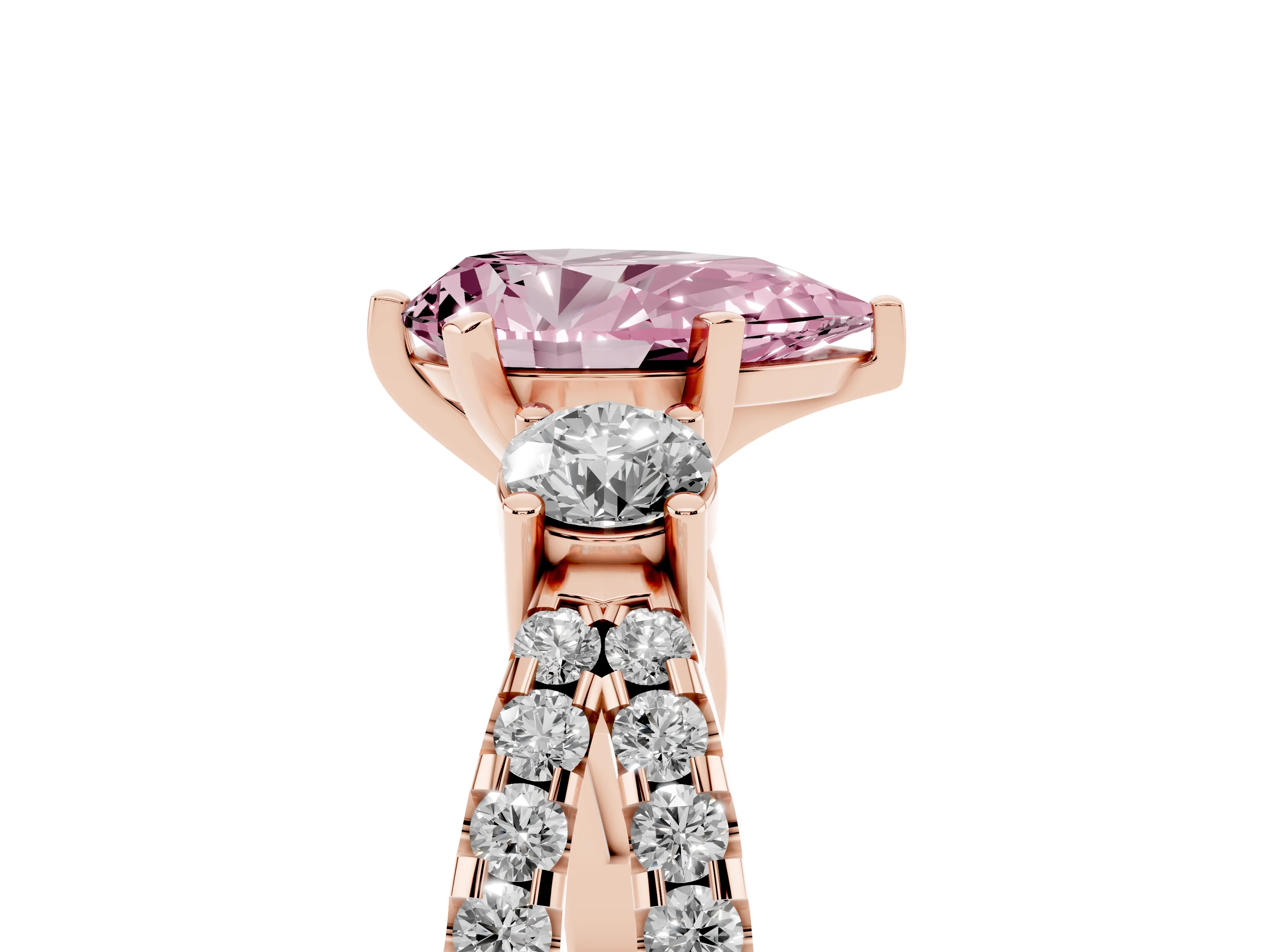 Fancy Pink Pear Cut Diamond Three-Stone Ring Set in Rose gold with Pavé Split Shank and Prong Setting