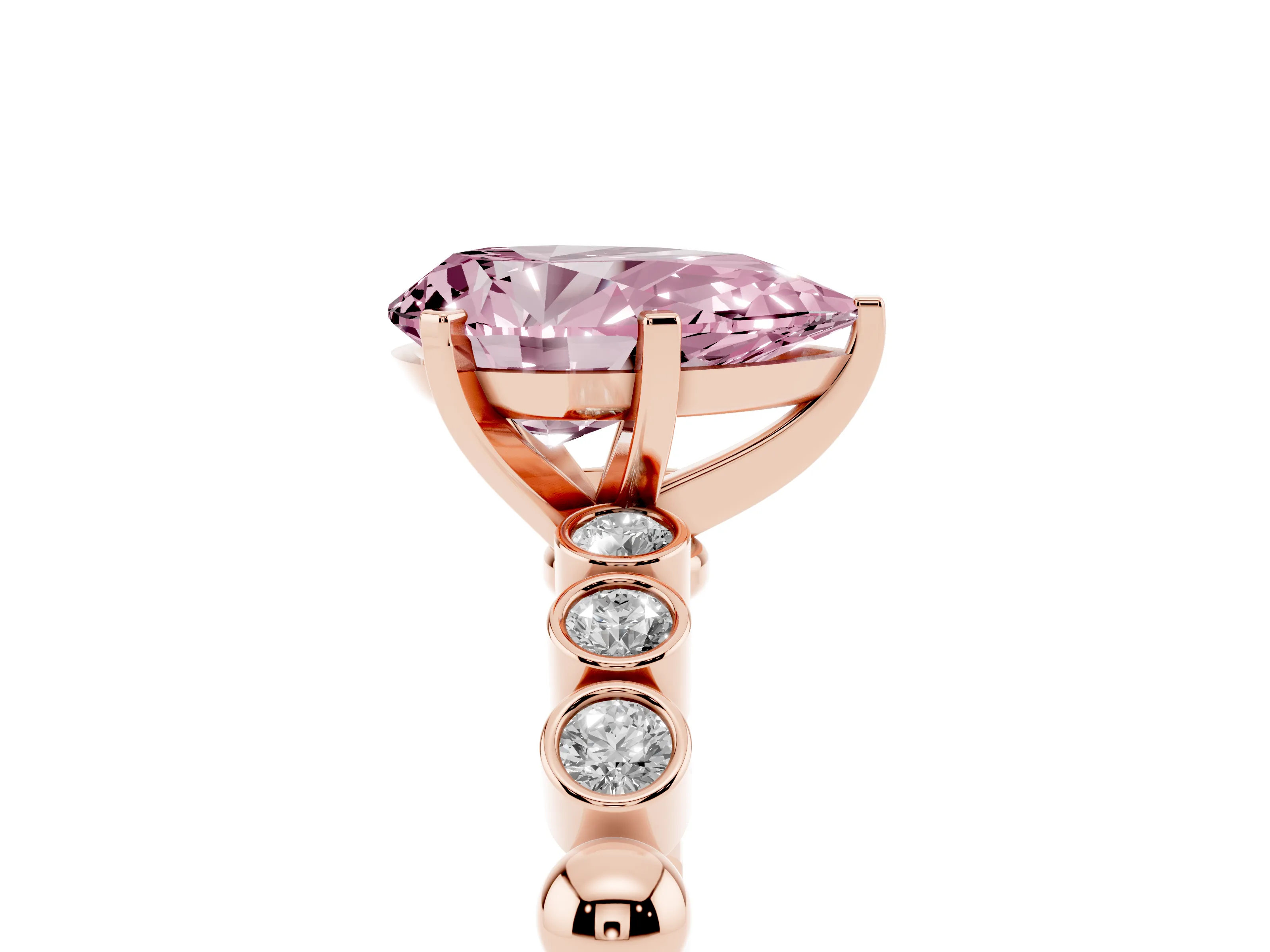 Fancy Pink Pear Cut Diamond Solitaire Engagement Ring Set in Rose gold with Bezel Accents on Beaded Band