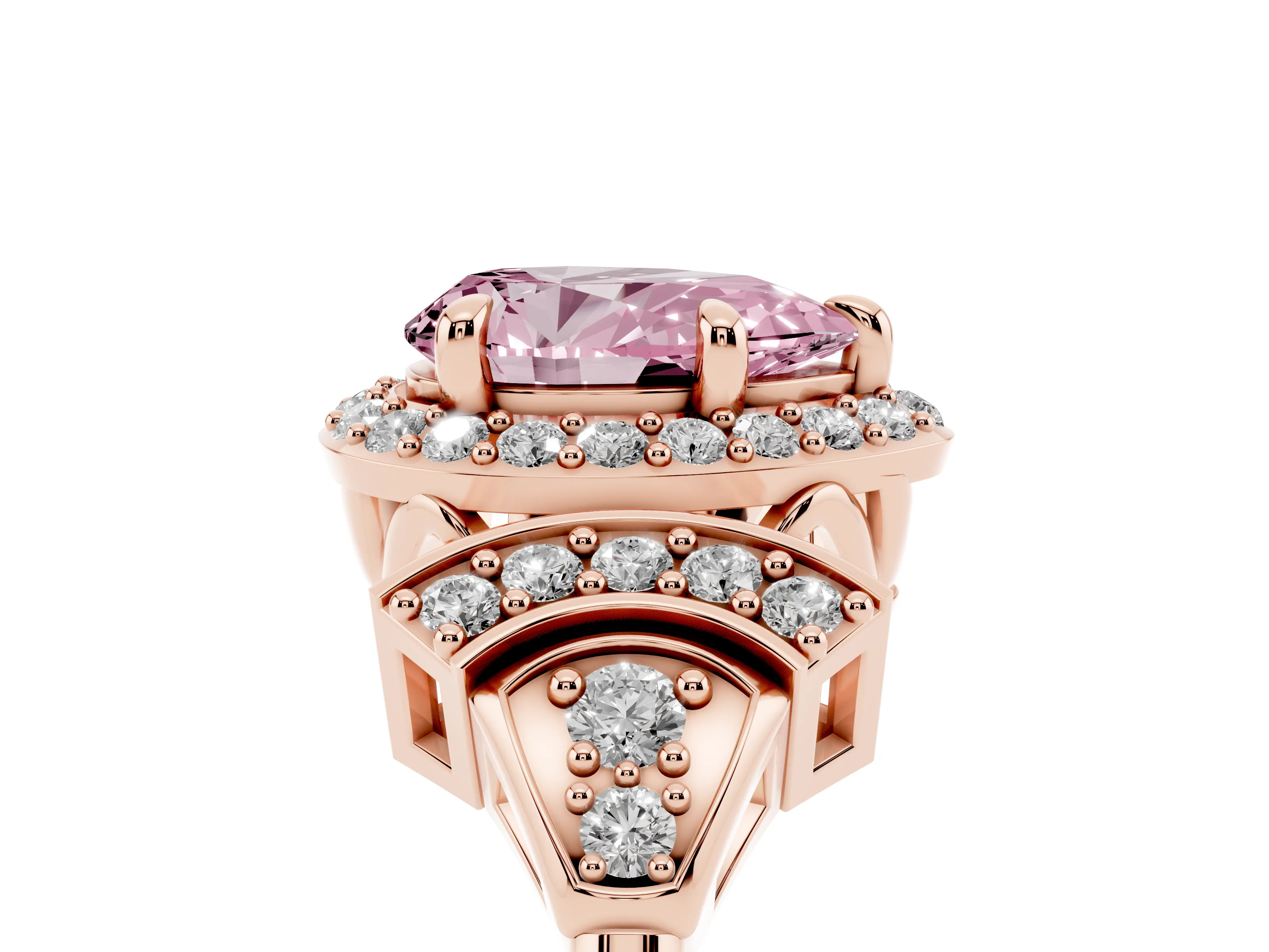 Fancy Pink Pear Cut Diamond Halo Engagement Ring Set in Rose gold with Accent Stone Split Shank