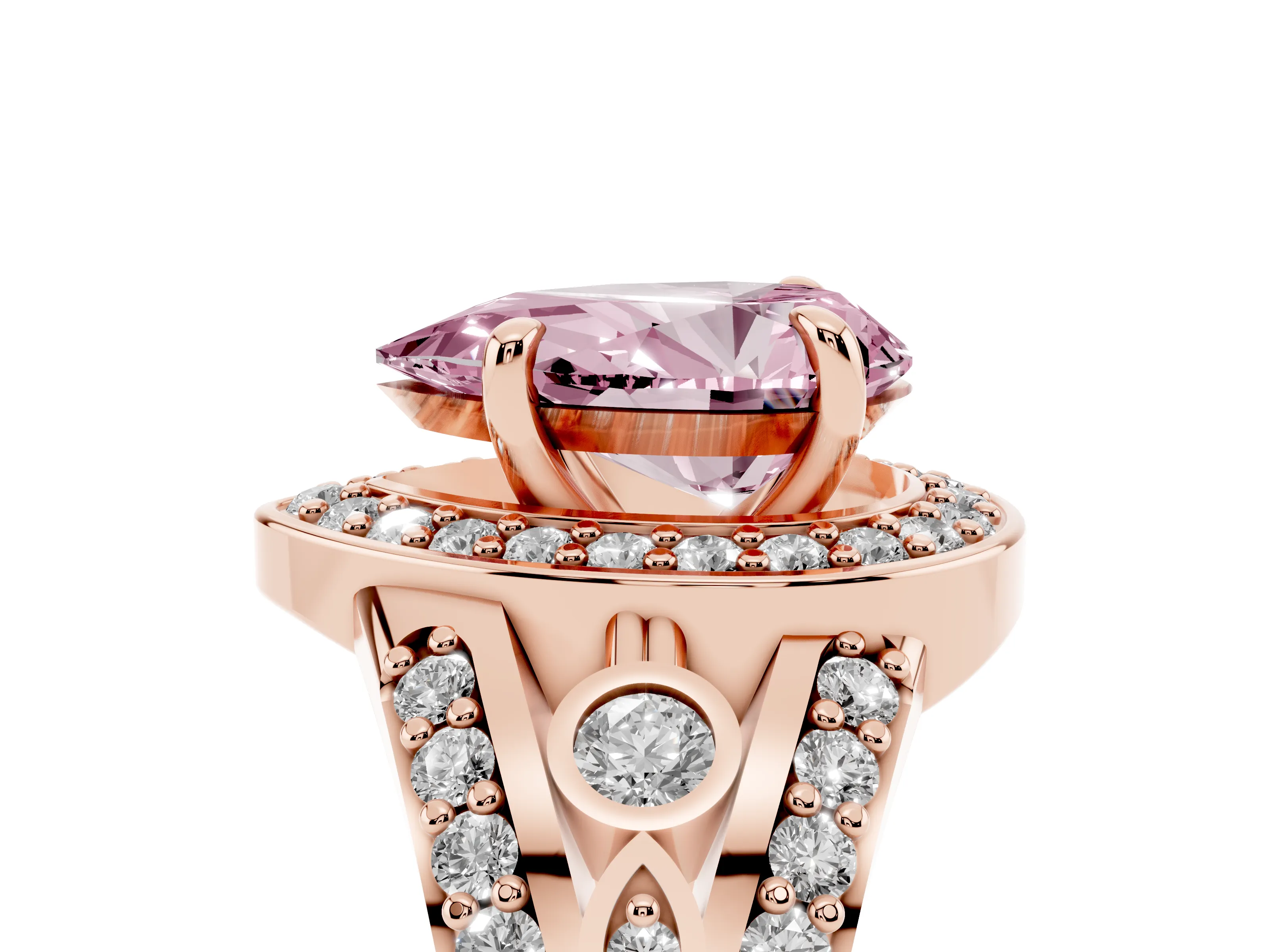 Fancy Pink Pear Cut Diamond Halo Ring Set in Rose gold with Pavé Split Shank and Bezel Accents