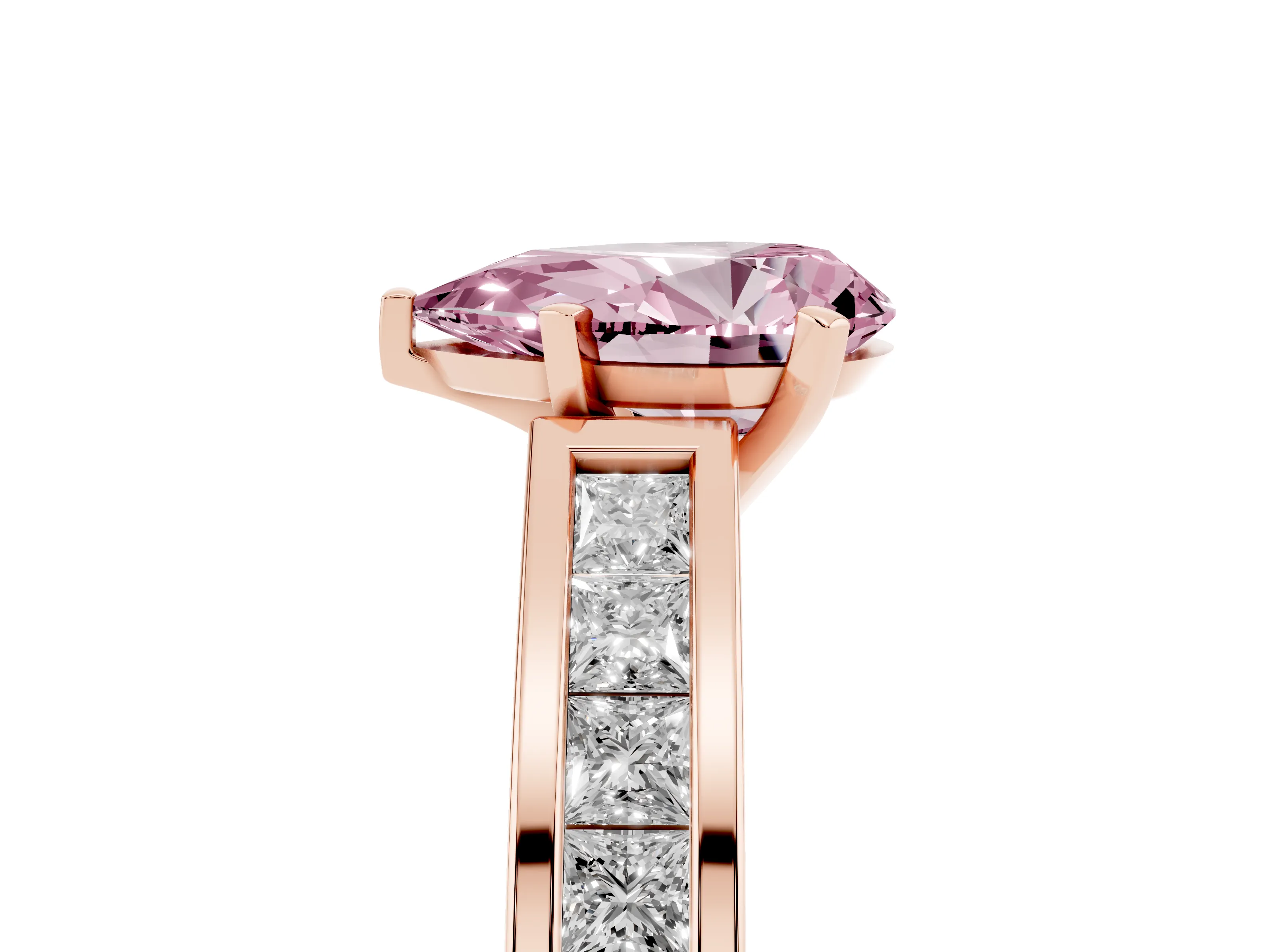 Fancy Pink Pear Cut Diamond Solitaire Ring Set in Rose gold with Channel-Set Band and Prong Setting