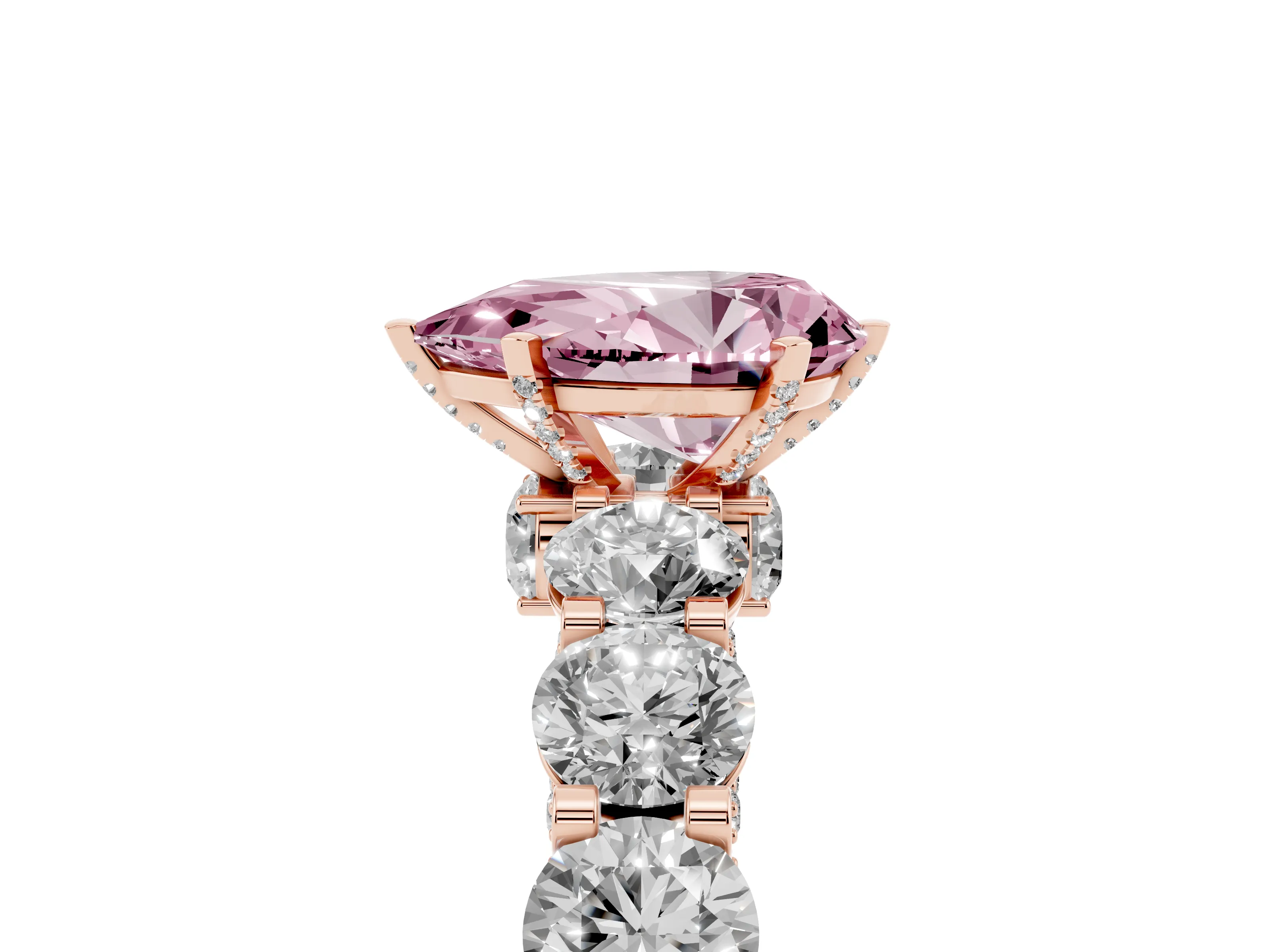 Fancy Pink Pear Cut Diamond Side Stone Ring Set in Rose gold with Alternating Round and Oval Side Stones