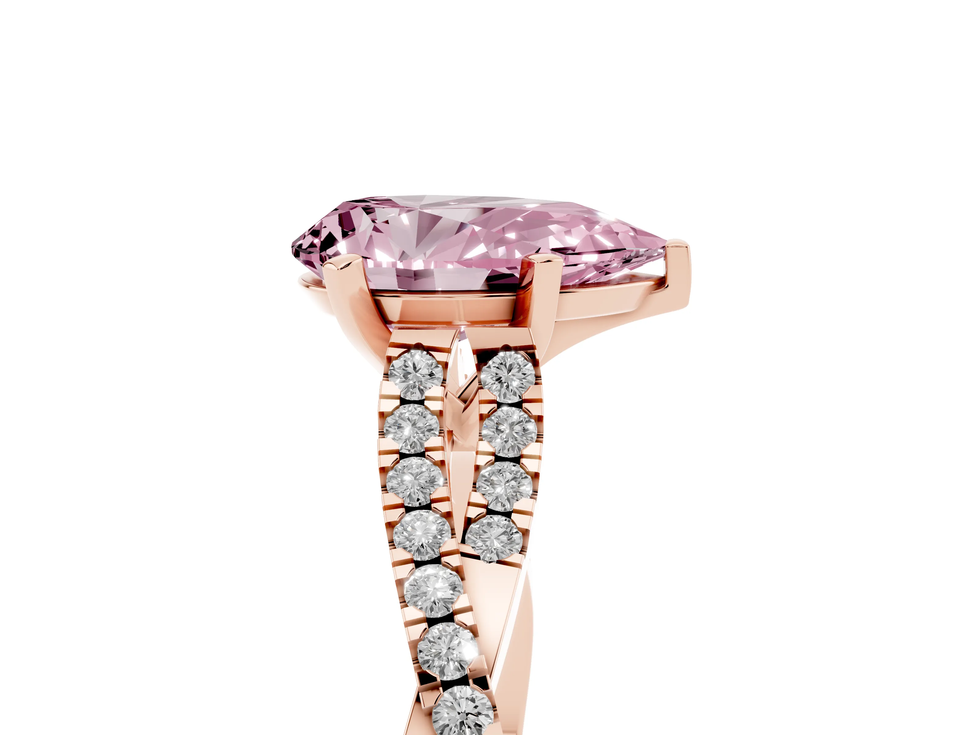 Fancy Pink Pear Cut Diamond Solitaire Engagement Ring Set in Rose gold with Twisted Pavé Band and Prong Setting