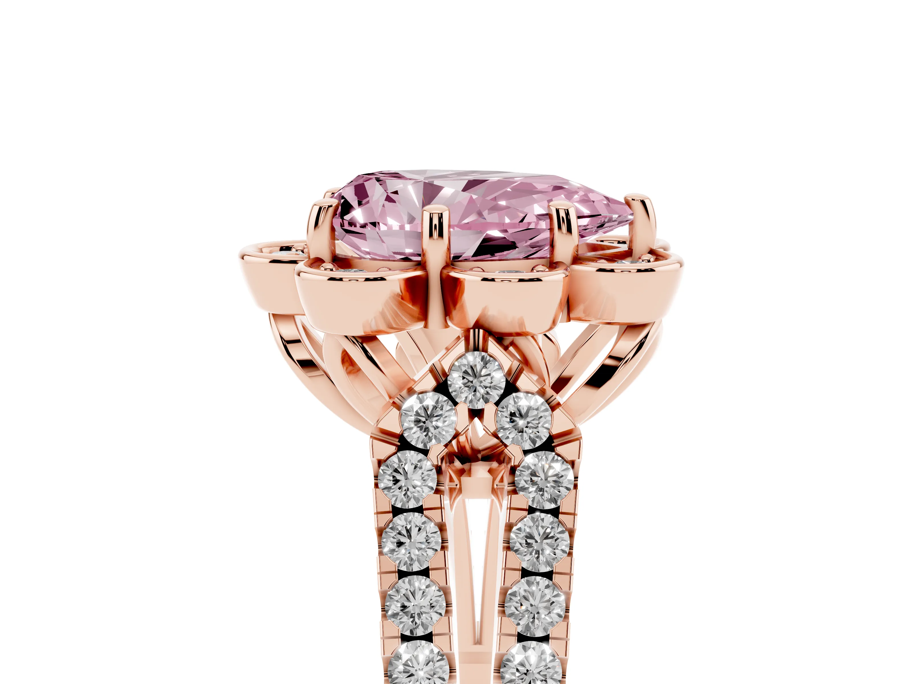 Fancy Pink Pear Cut Diamond Floral Halo Split Shank Engagement Ring Set in Rose gold with Pavé Shank