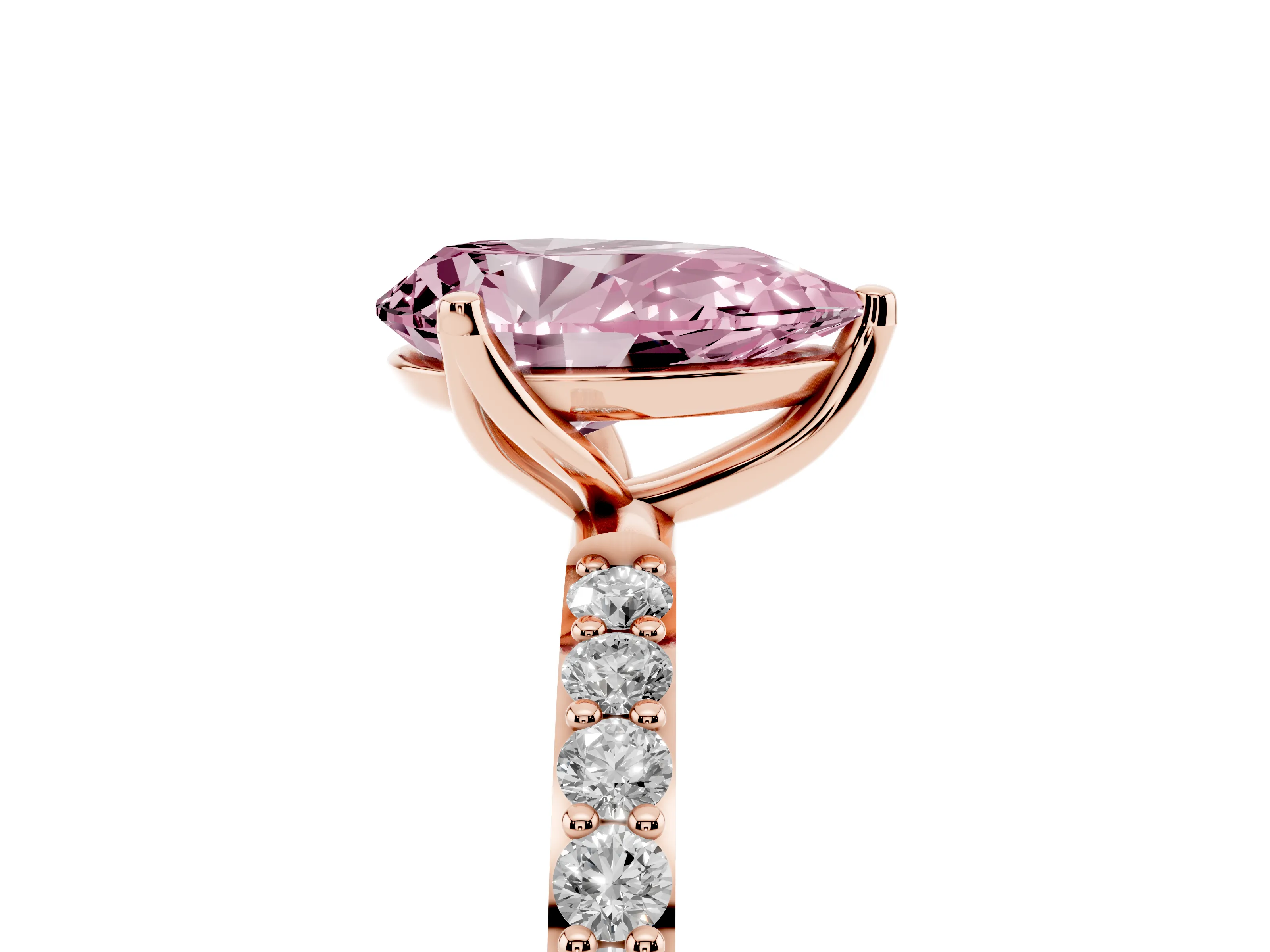 Fancy Pink Pear Cut Diamond Solitaire Engagement Ring Set in Rose gold with Round Pavé Band and Prong Setting