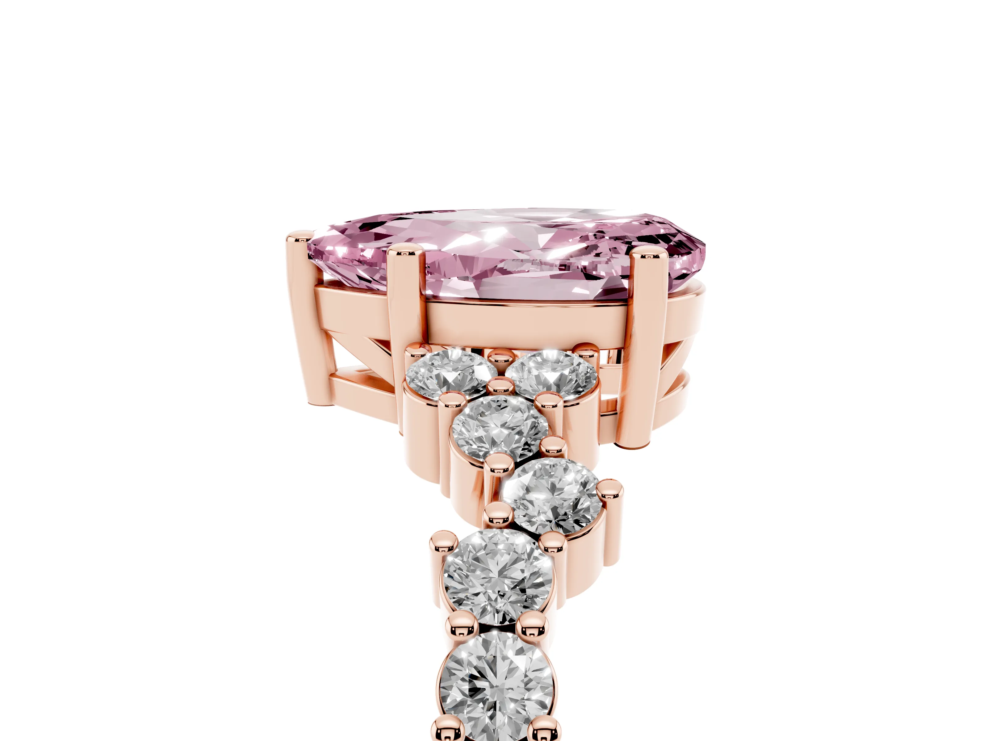 Fancy Pink Pear Cut Diamond Ring Set in Rose gold with Scattered Round Accents