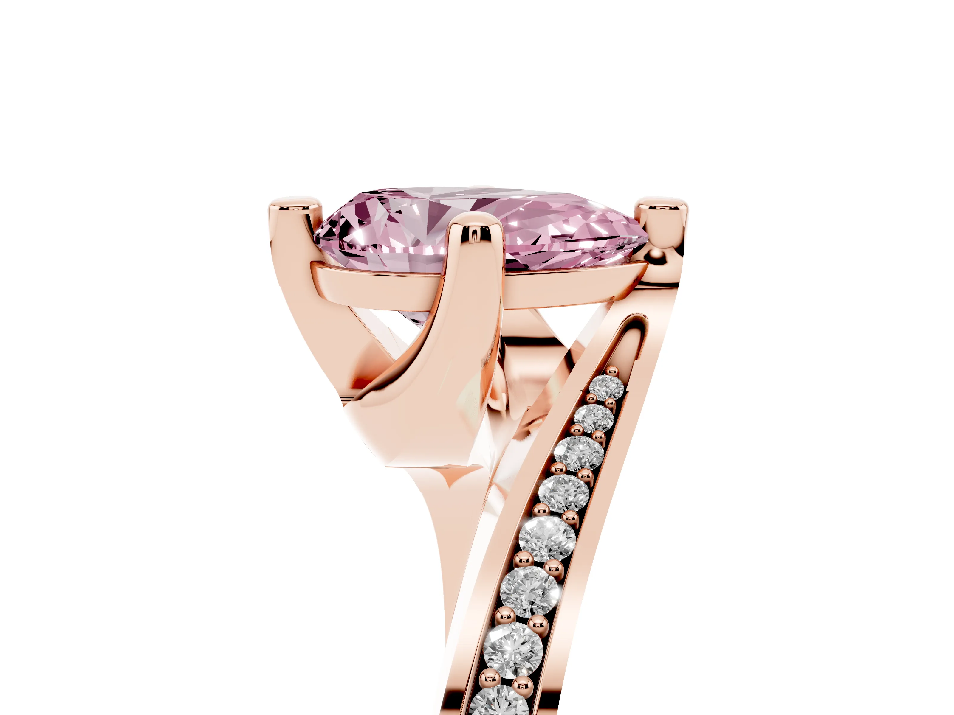Fancy Pink Pear Cut Diamond Solitaire Ring Set in Rose gold with Intertwined Pavé Twist Band