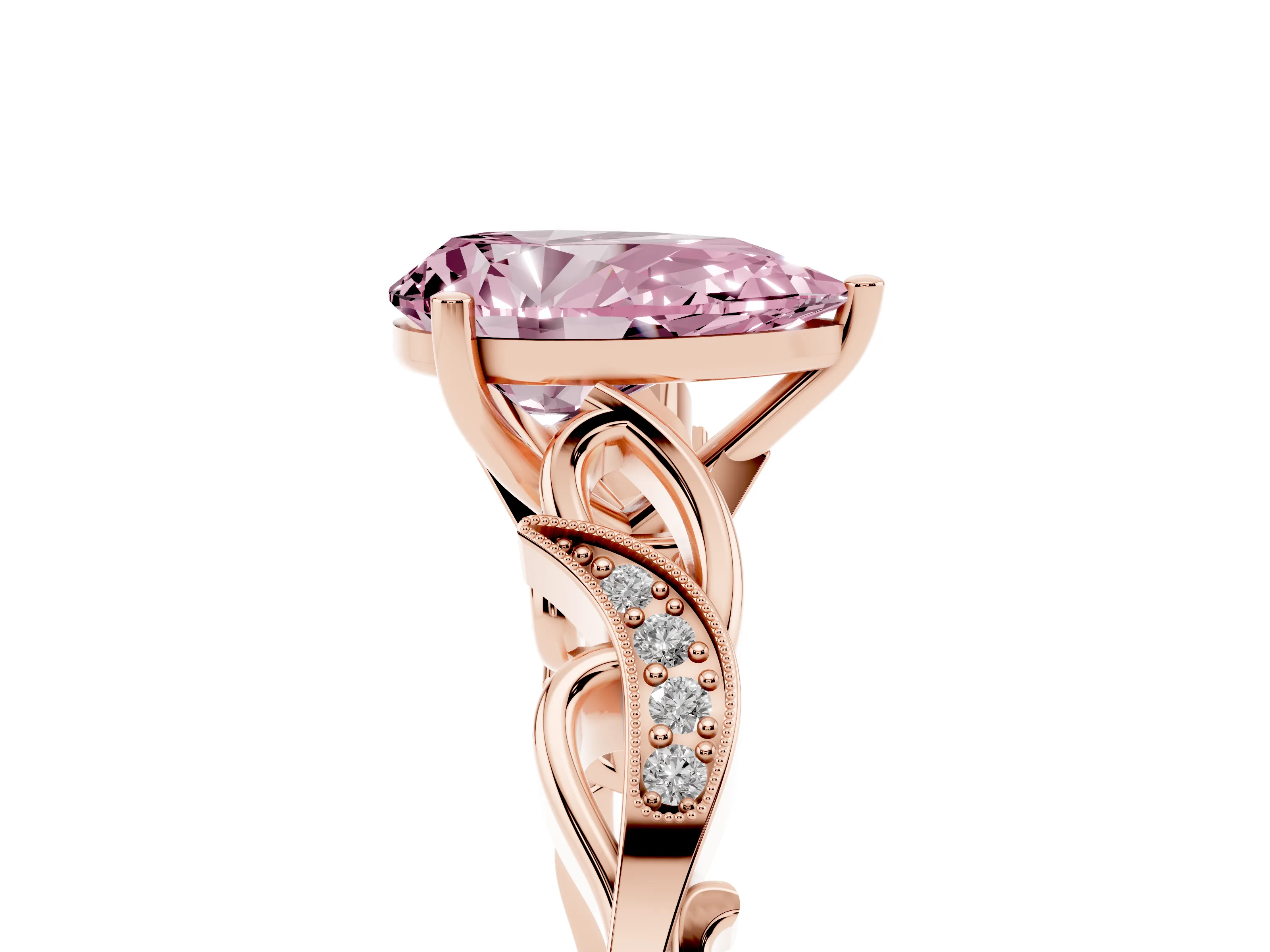Fancy Pink Pear Cut Diamond Vine Band Solitaire Ring Set in Rose gold with Milgrain Prong Setting