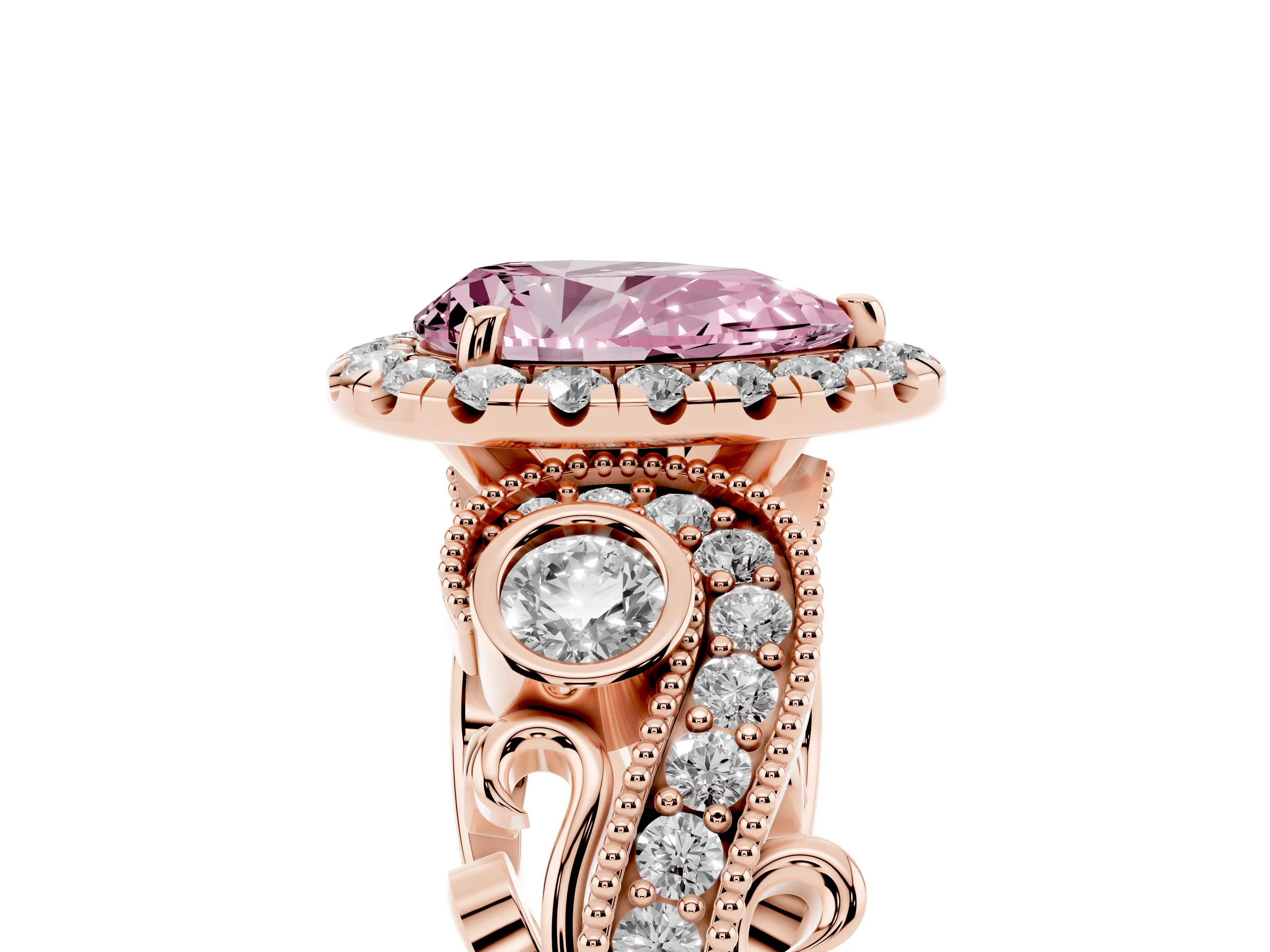 Fancy Pink Pear Cut Diamond Halo Ring Set in Rose gold with Milgrain Pavé Band and Prong Setting