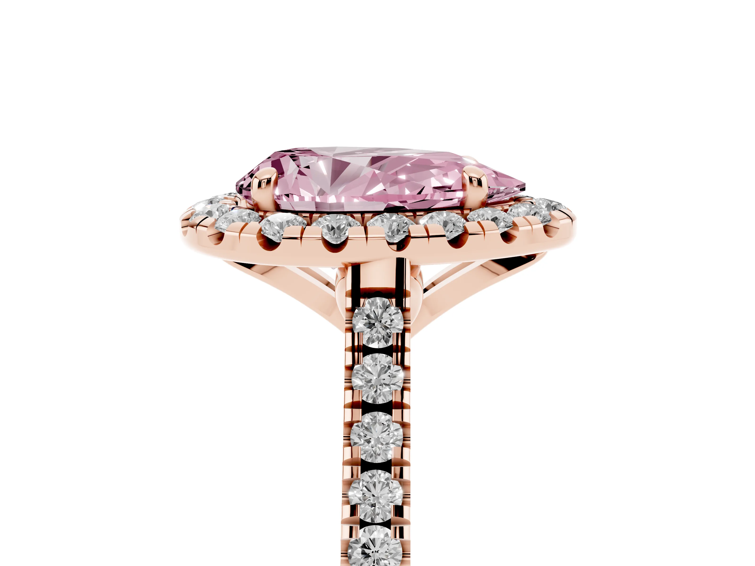 Fancy Pink Pear Cut Diamond Cushion Halo Ring Set in Rose gold with Pavé Band