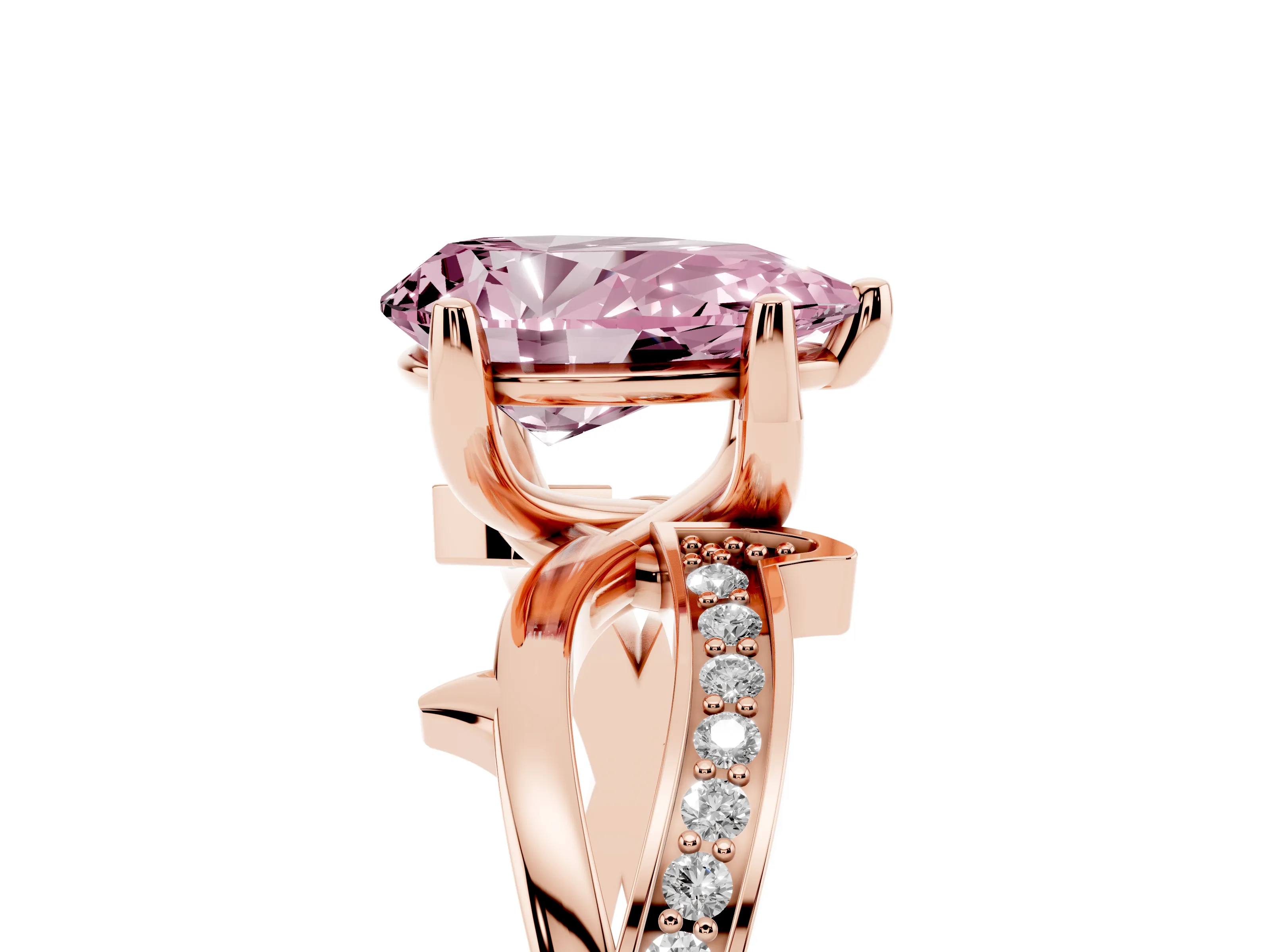 Fancy Pink Pear Cut Diamond Pavé Twist Band Solitaire Ring Set in Rose gold with Prong Setting