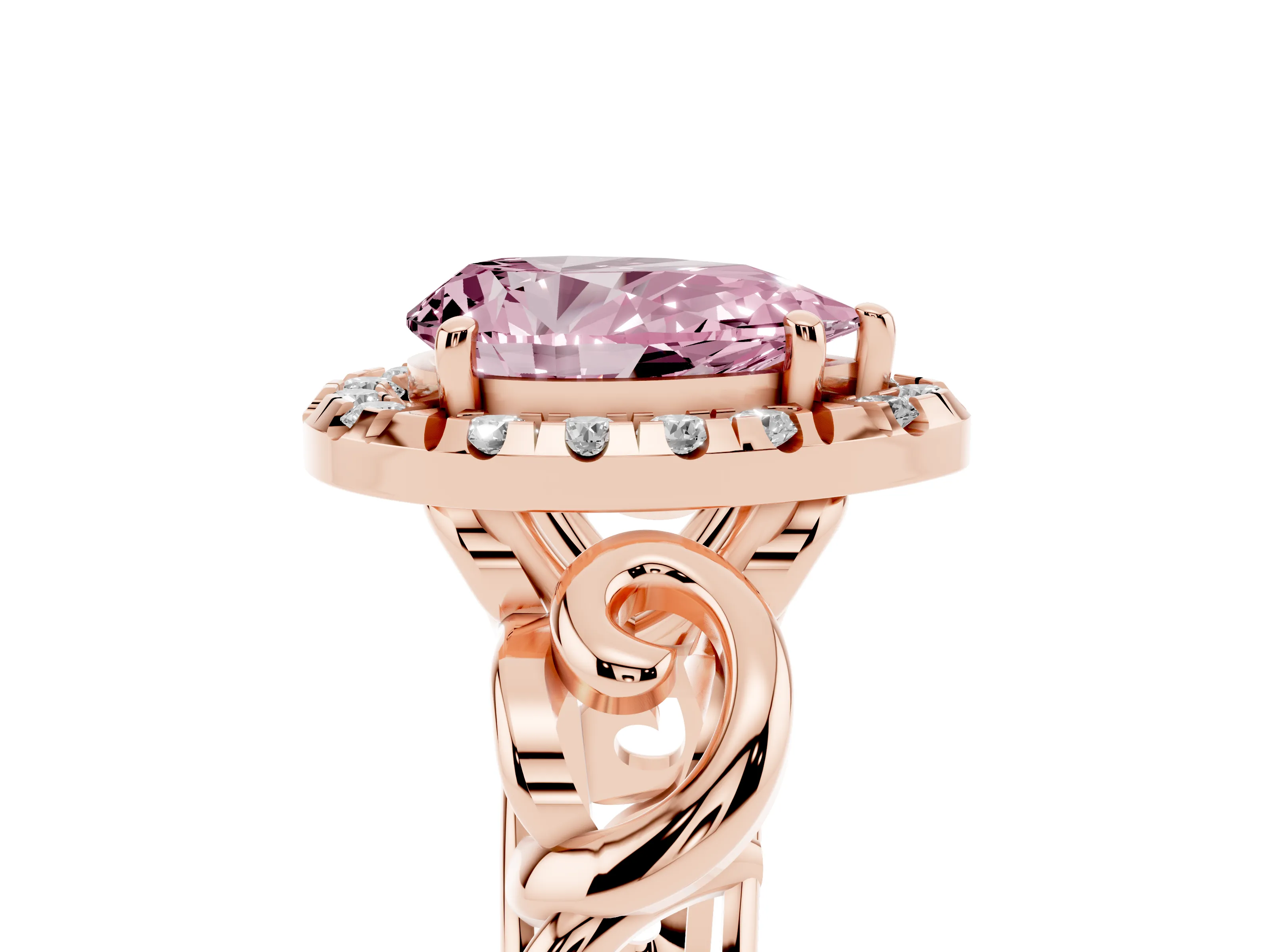 Fancy Pink Pear Cut Diamond Halo Ring Set in Rose gold with Scrollwork Band and Prong Setting