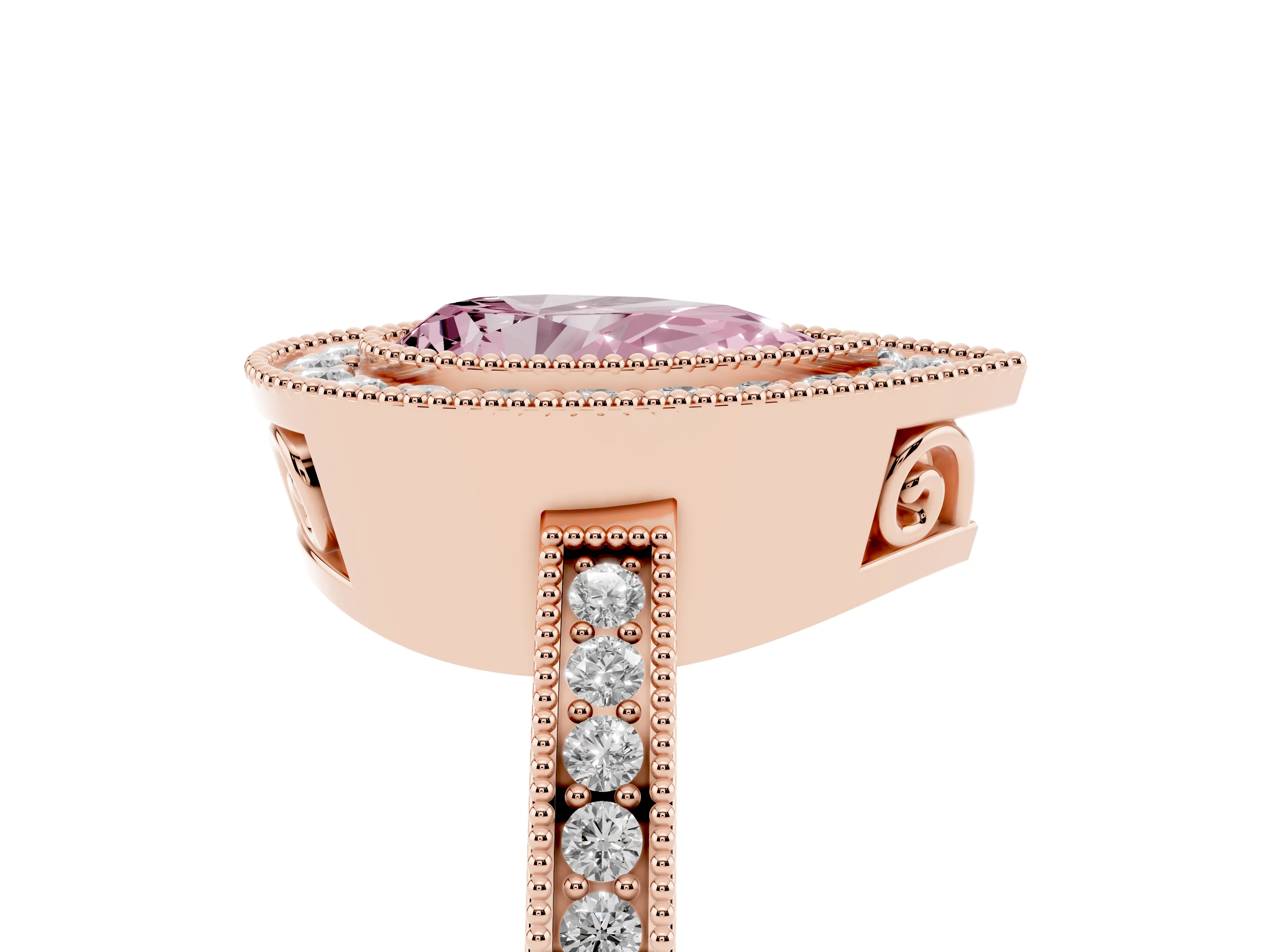 Fancy Pink Pear Cut Diamond Halo Ring Set in Rose gold with Pavé Band and Milgrain-Edged Prongs