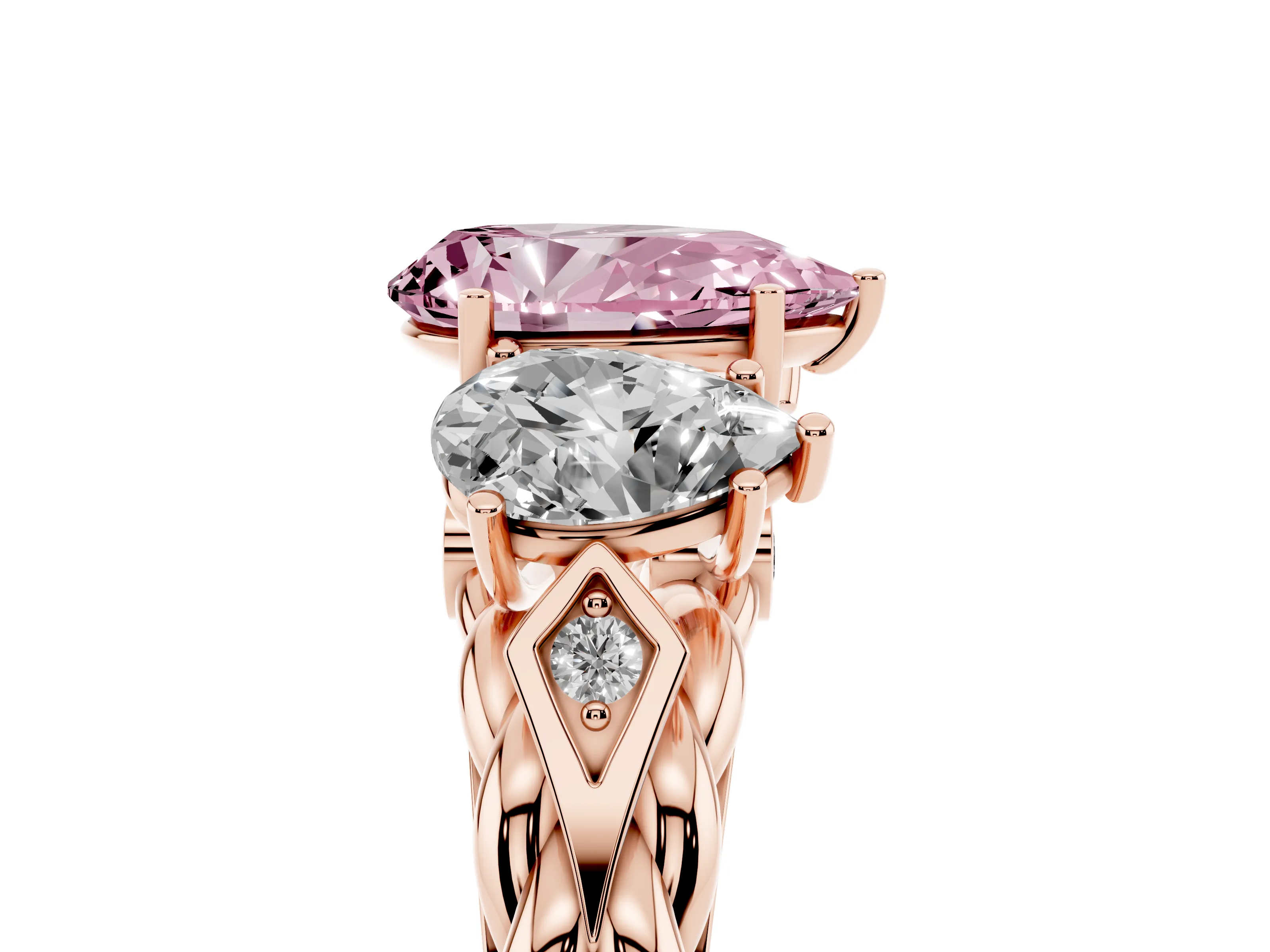 Fancy Pink Pear Cut Diamond Three-Stone Ring Set in Rose gold with Braided Band