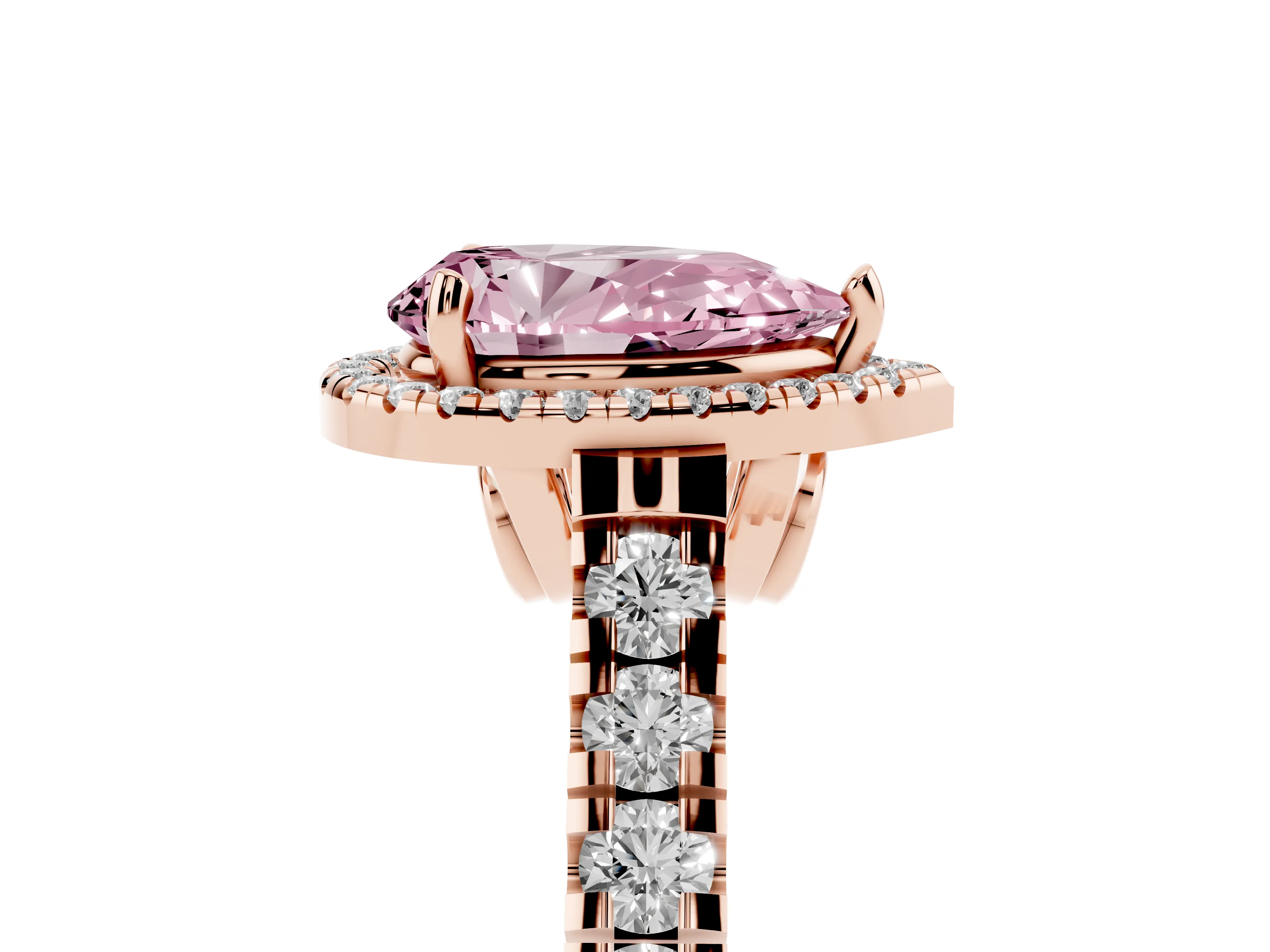 Fancy Pink Pear Cut Diamond Halo Engagement Ring Set in Rose gold with Pavé Band and Prong-Set Center