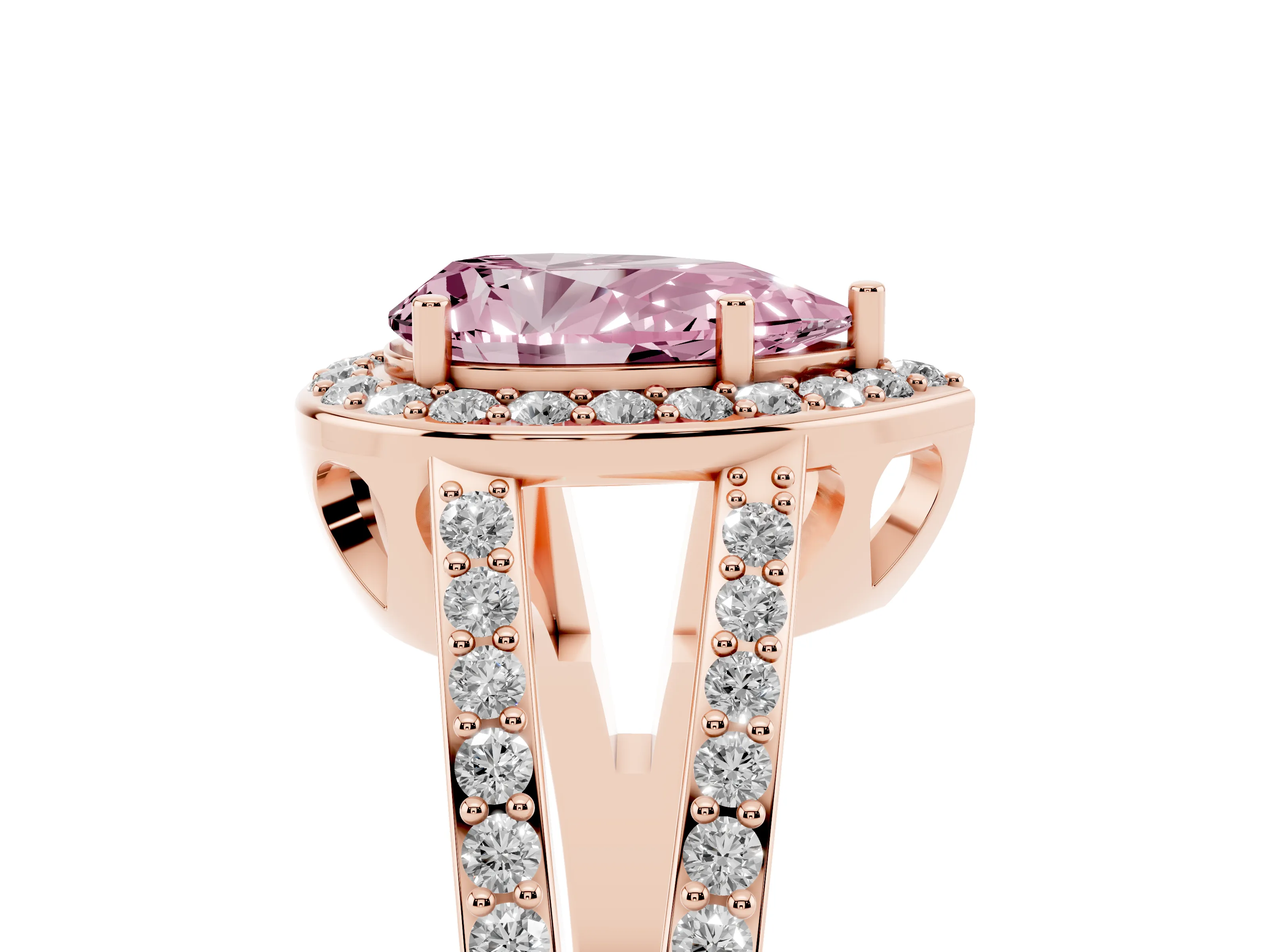 Fancy Pink Pear Cut Diamond Halo Ring Set in Rose gold with U-Prong Split Shank and Prong Setting