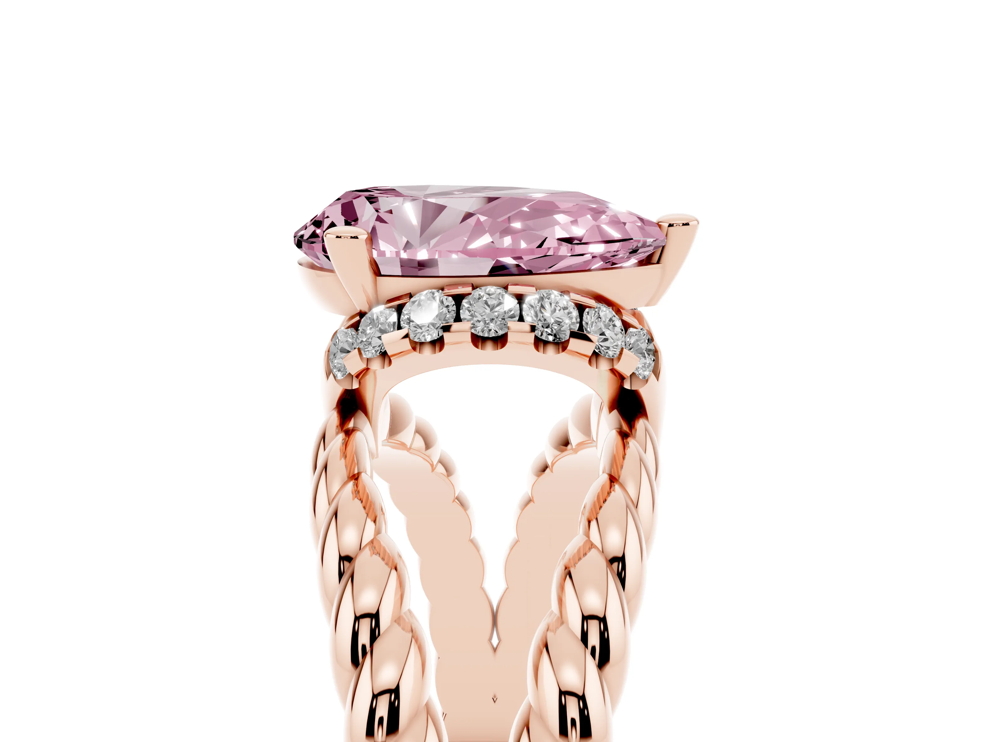 Fancy Pink Pear Cut Diamond Halo Ring Set in Rose gold with Twisted Band and Prong Setting