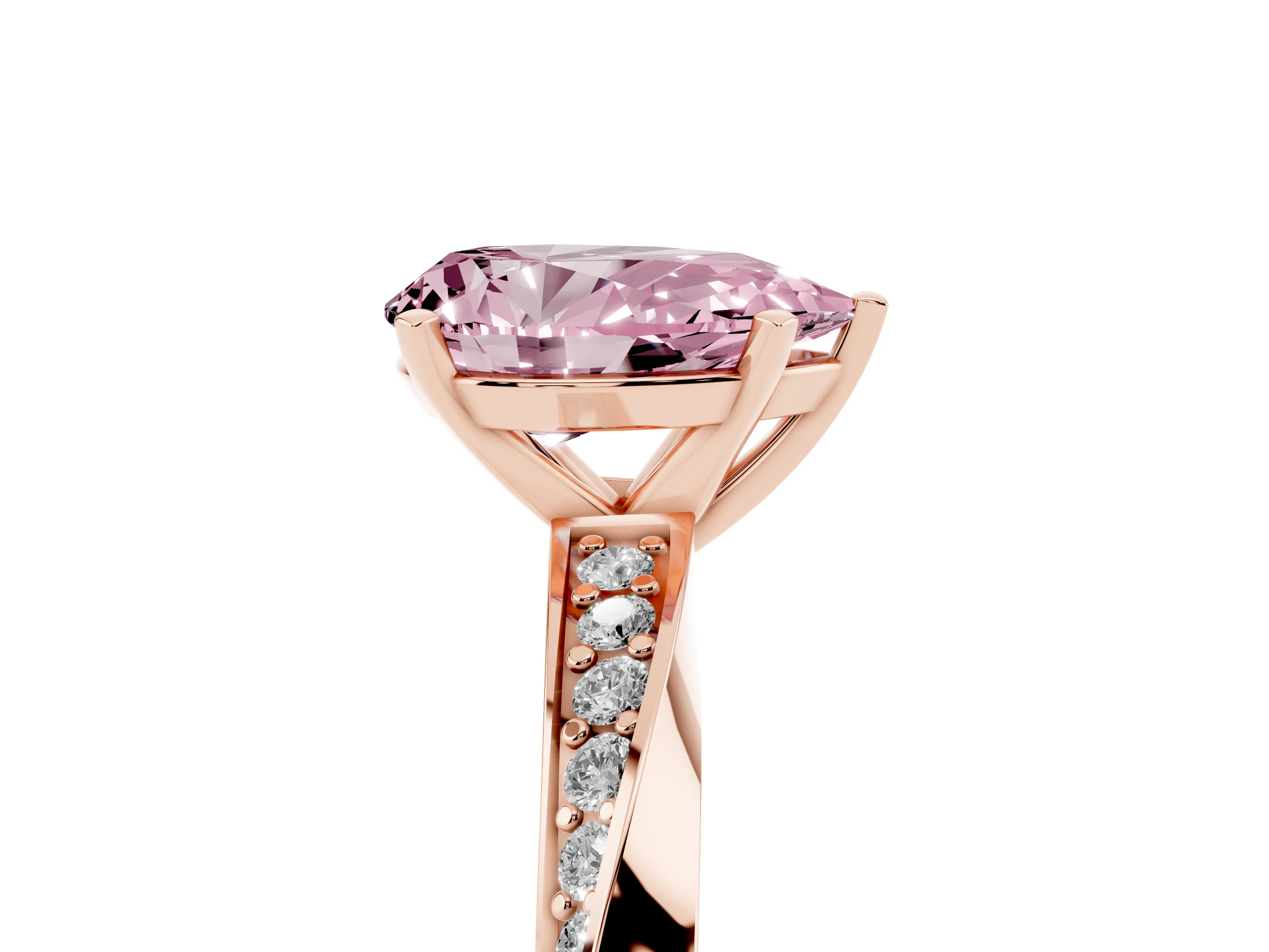 Fancy Pink Pear Cut Diamond Engagement Ring Set in Rose gold with Side Stone Accents and Prong Setting