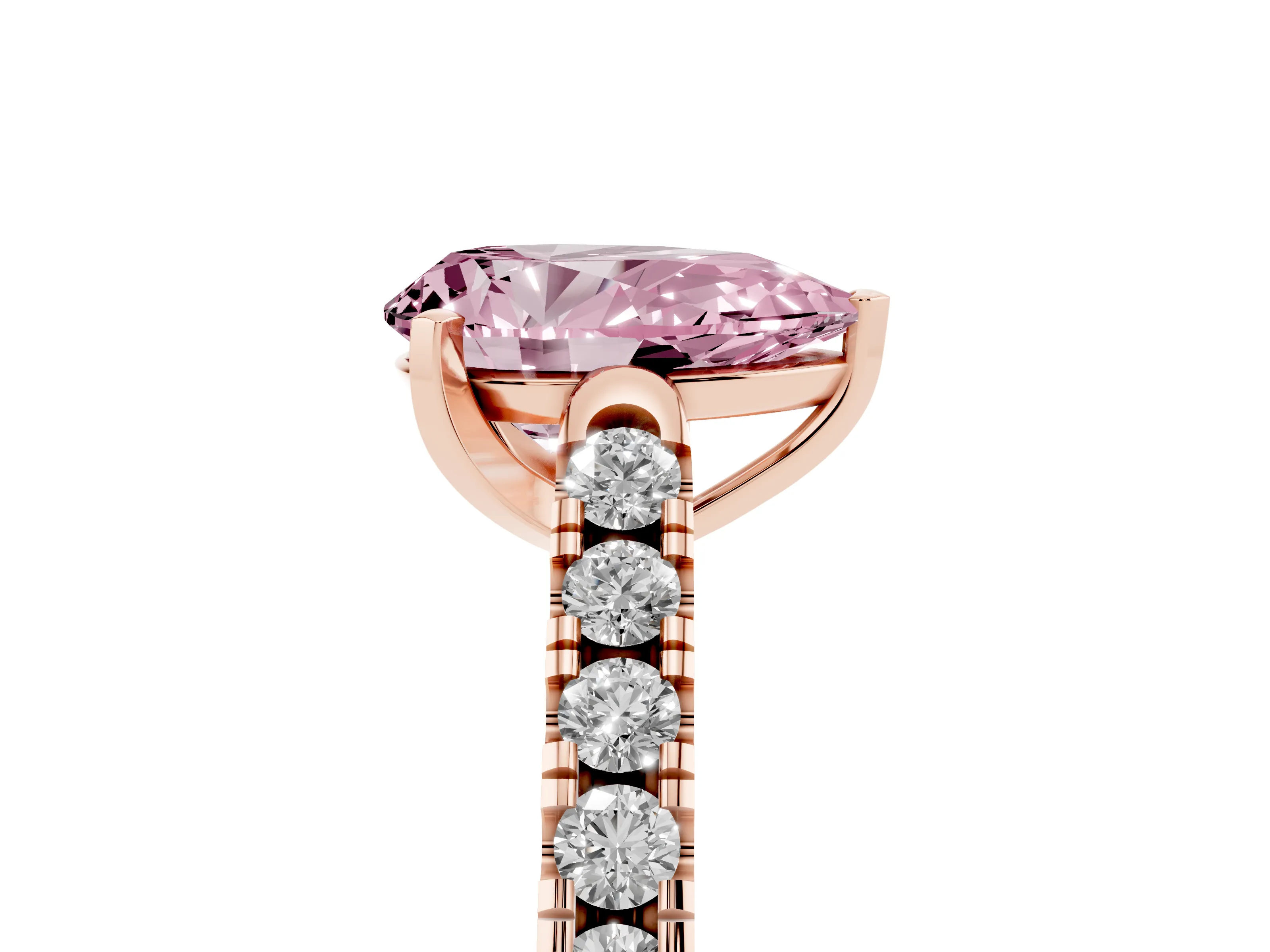 Fancy Pink Pear Cut Diamond Pavé Band Solitaire Ring Set in Rose gold with Partway Accent Stones and Prong Setting