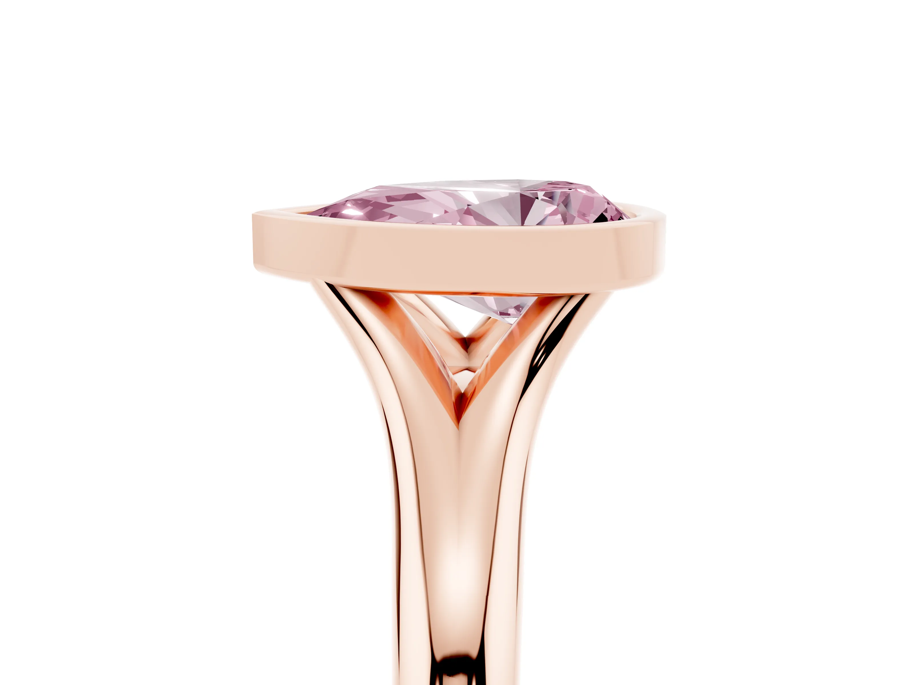 Fancy Pink Bezel Set Pear Cut Diamond Solitaire Ring Set in Rose gold with Smooth Band