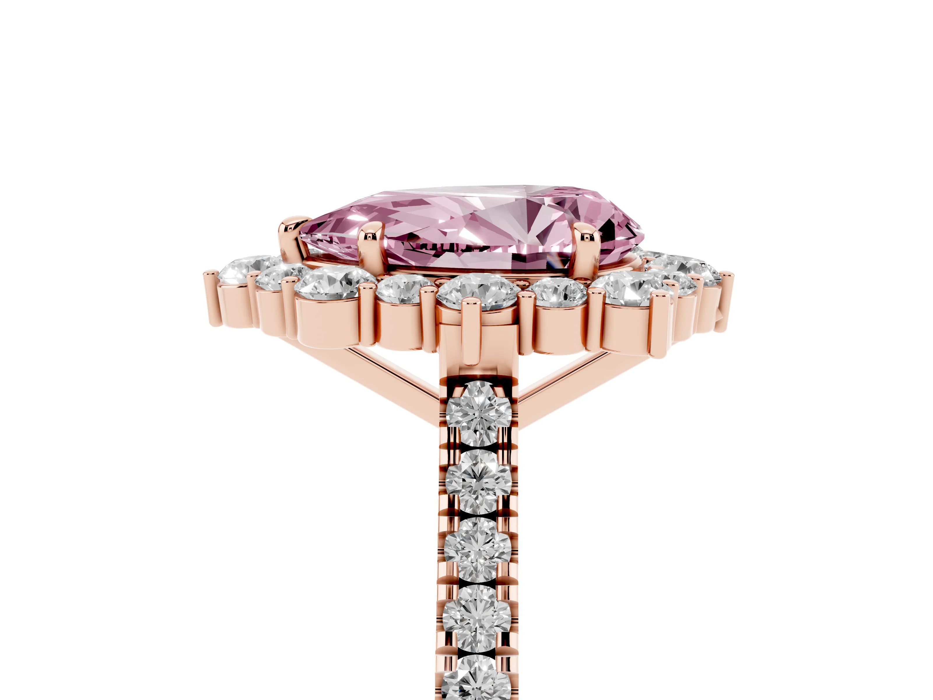 Fancy Pink Pear Cut Diamond Halo Ring Set in Rose gold with Pavé Band and Prong Setting