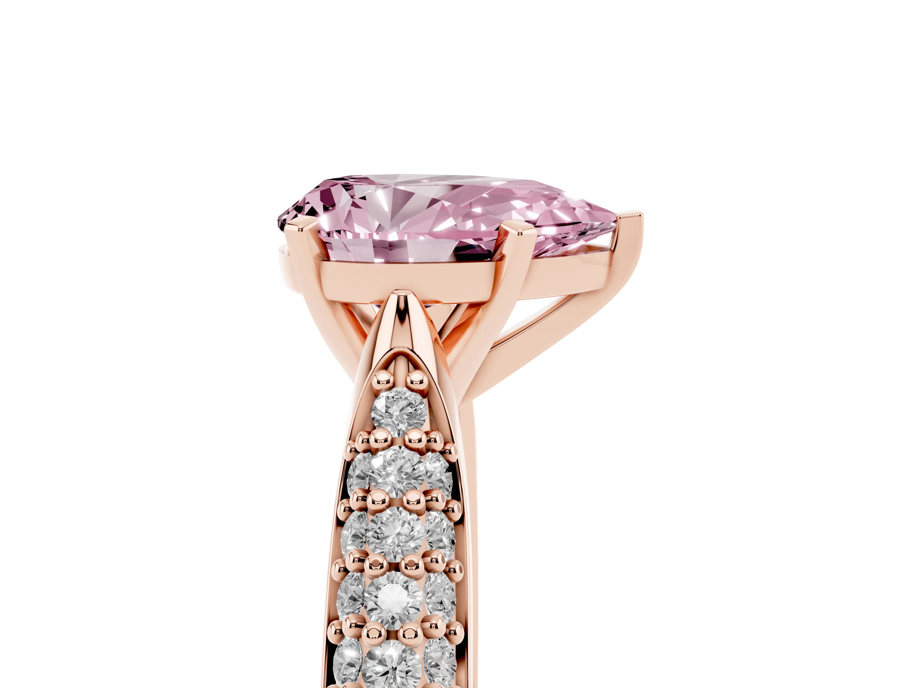 Fancy Pink Pear Cut Diamond Solitaire Engagement Ring Set in Rose gold with Multi-Row Round Pavé Band and Prong Setting