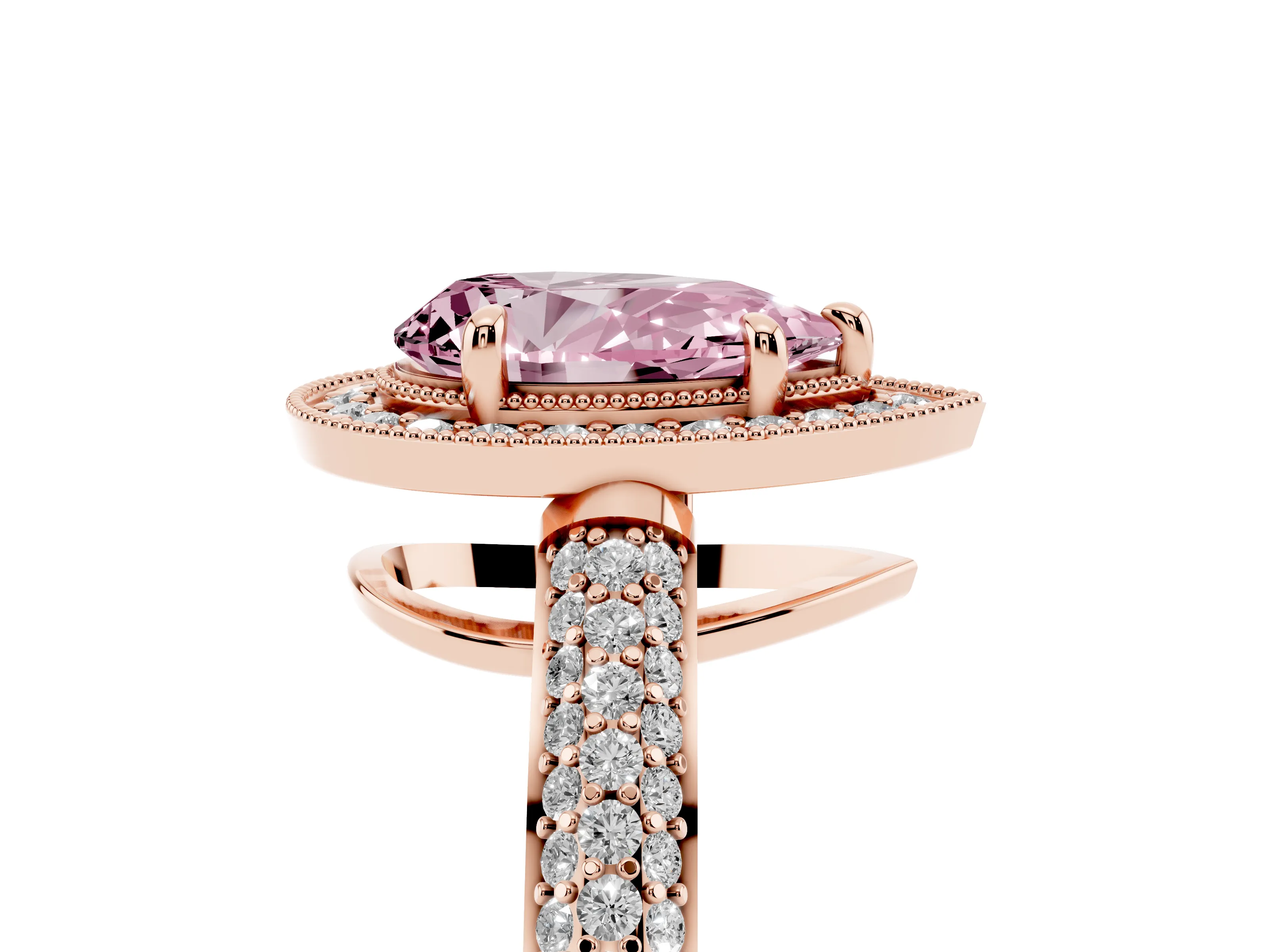 Fancy Pink Pear Cut Diamond Halo Pavé Band Set in Rose gold with Prong Setting