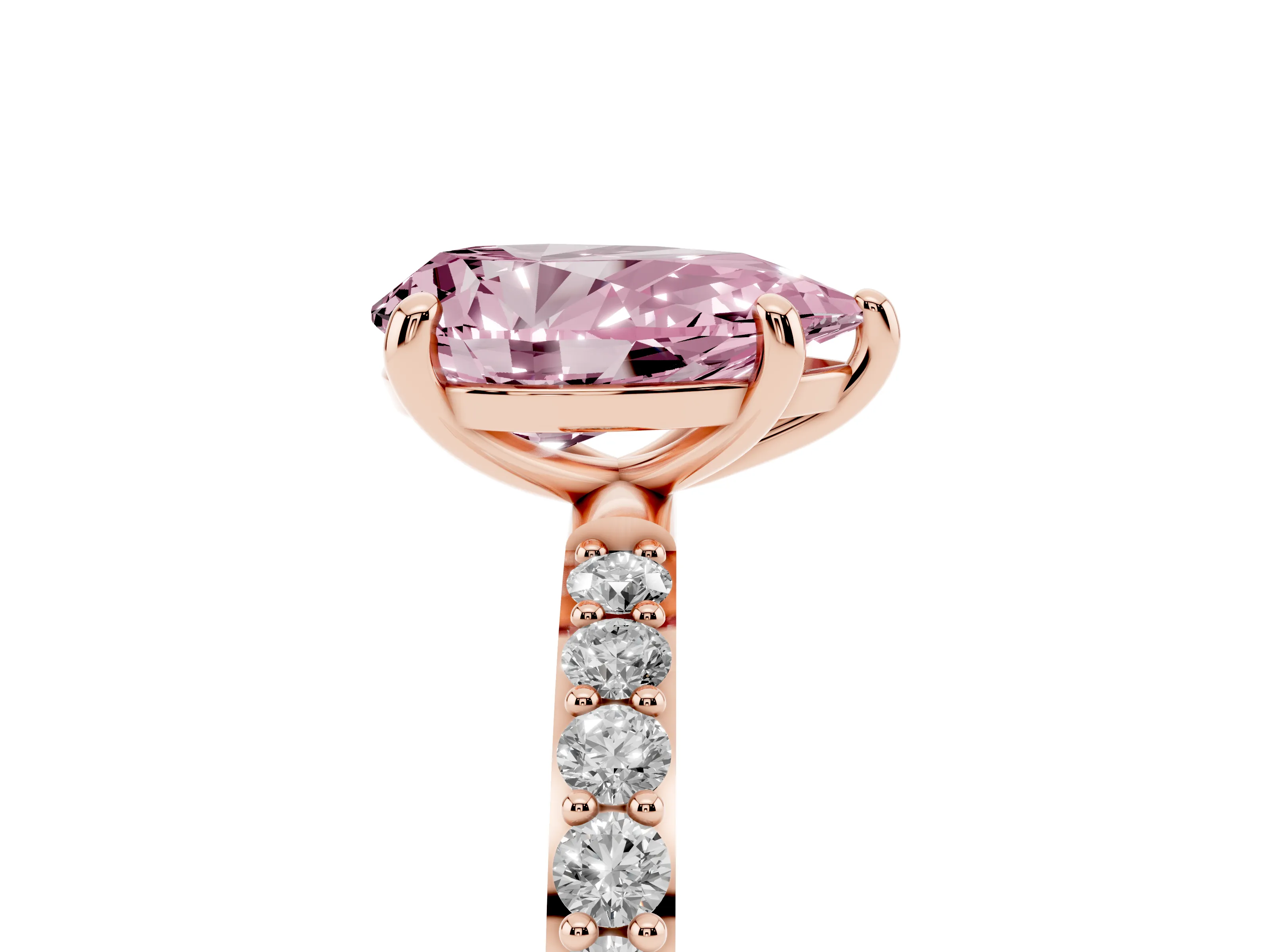 Fancy Pink Pear Cut Diamond Solitaire Ring Set in Rose gold with Round Pavé Band and Prong Setting