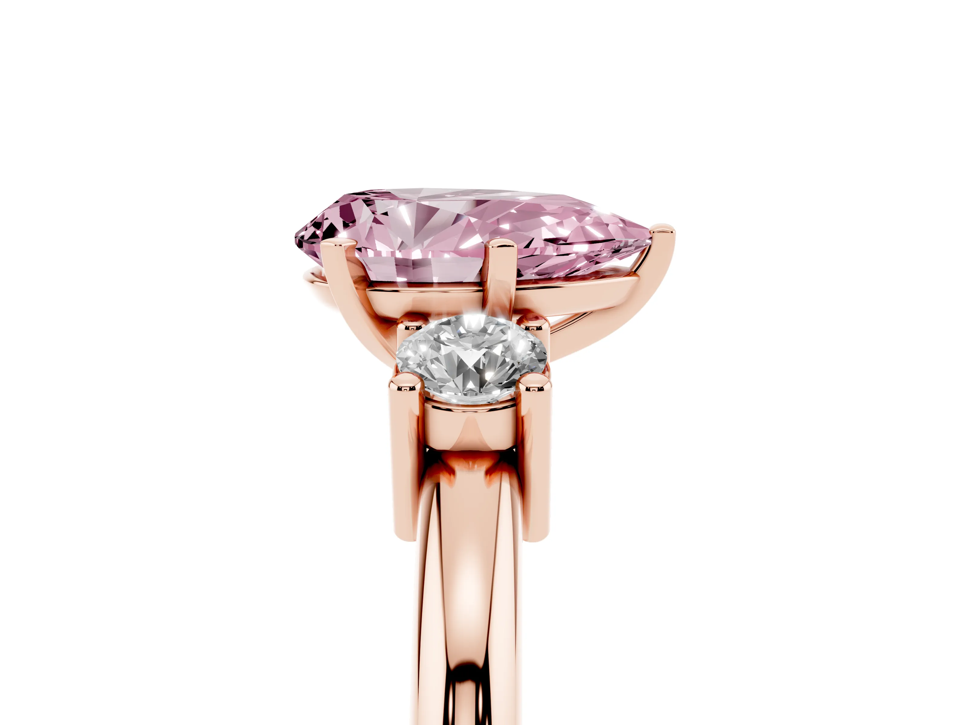 Fancy Pink Three-Stone Pear Cut Diamond Ring Set in Rose gold with Prong Setting and Plain Band